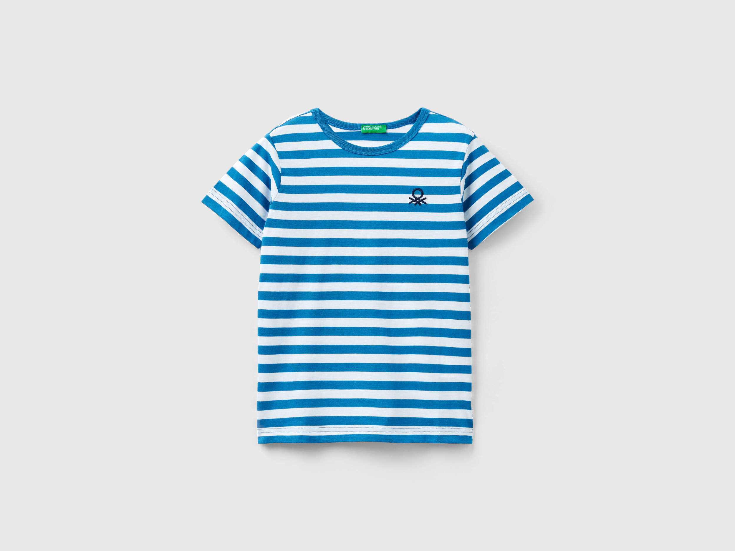 Benetton, Striped 100% Cotton T-shirt, size 2XL, Light Blue, Kids