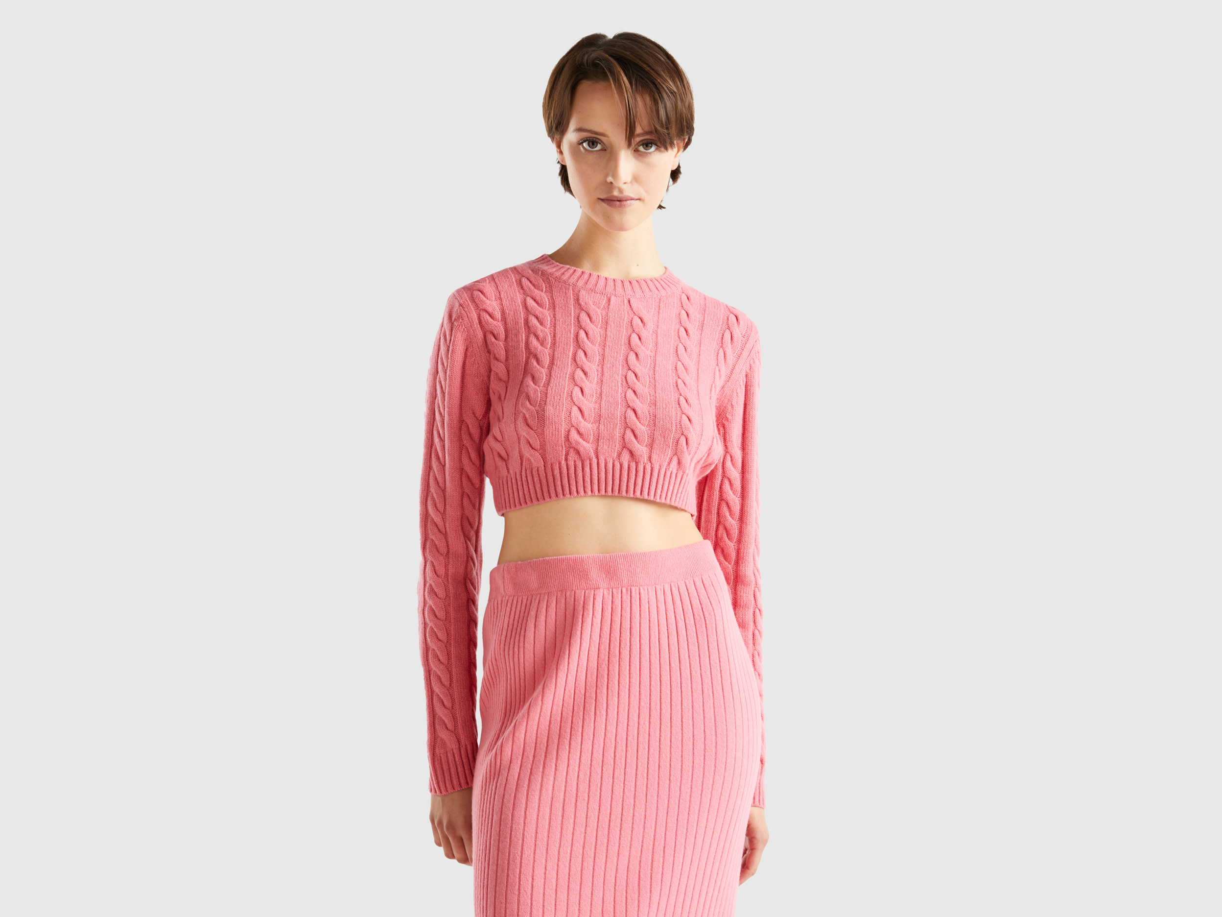 Benetton, Cropped Sweater With Cables, size S, Pink, Women
