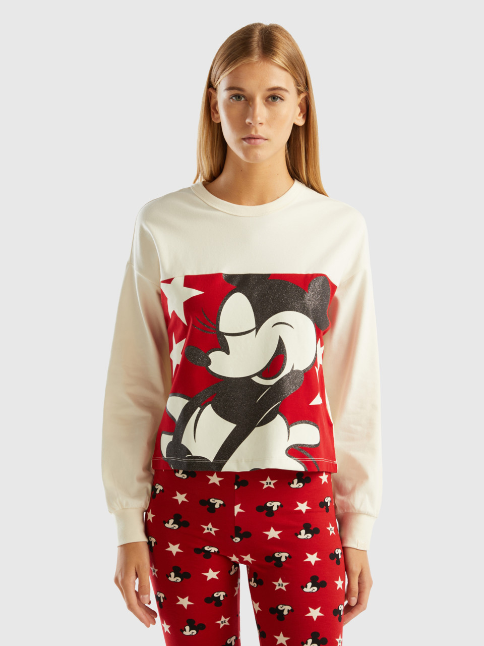 Benetton, T-shirt Coupe Boxy Mickey, Crème, Femme