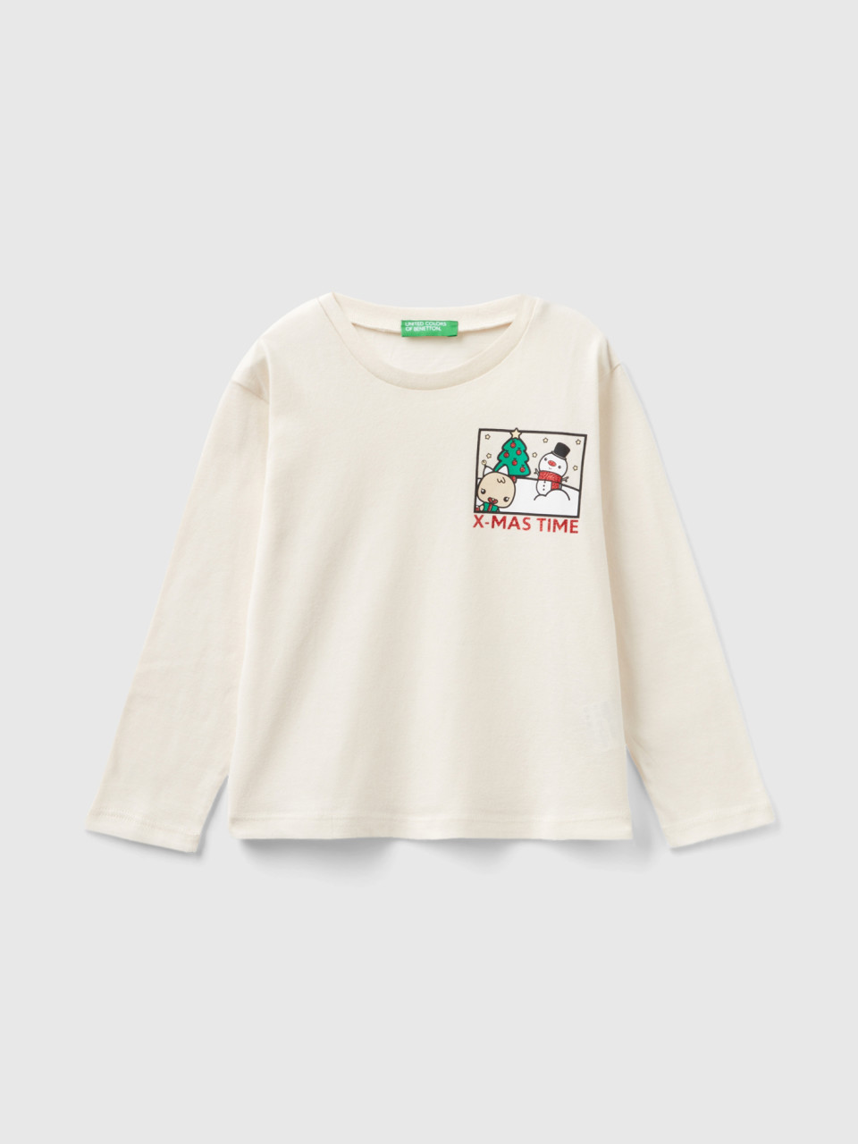 Benetton, T-shirt De Noël En Coton Chaud, Crème, Enfants