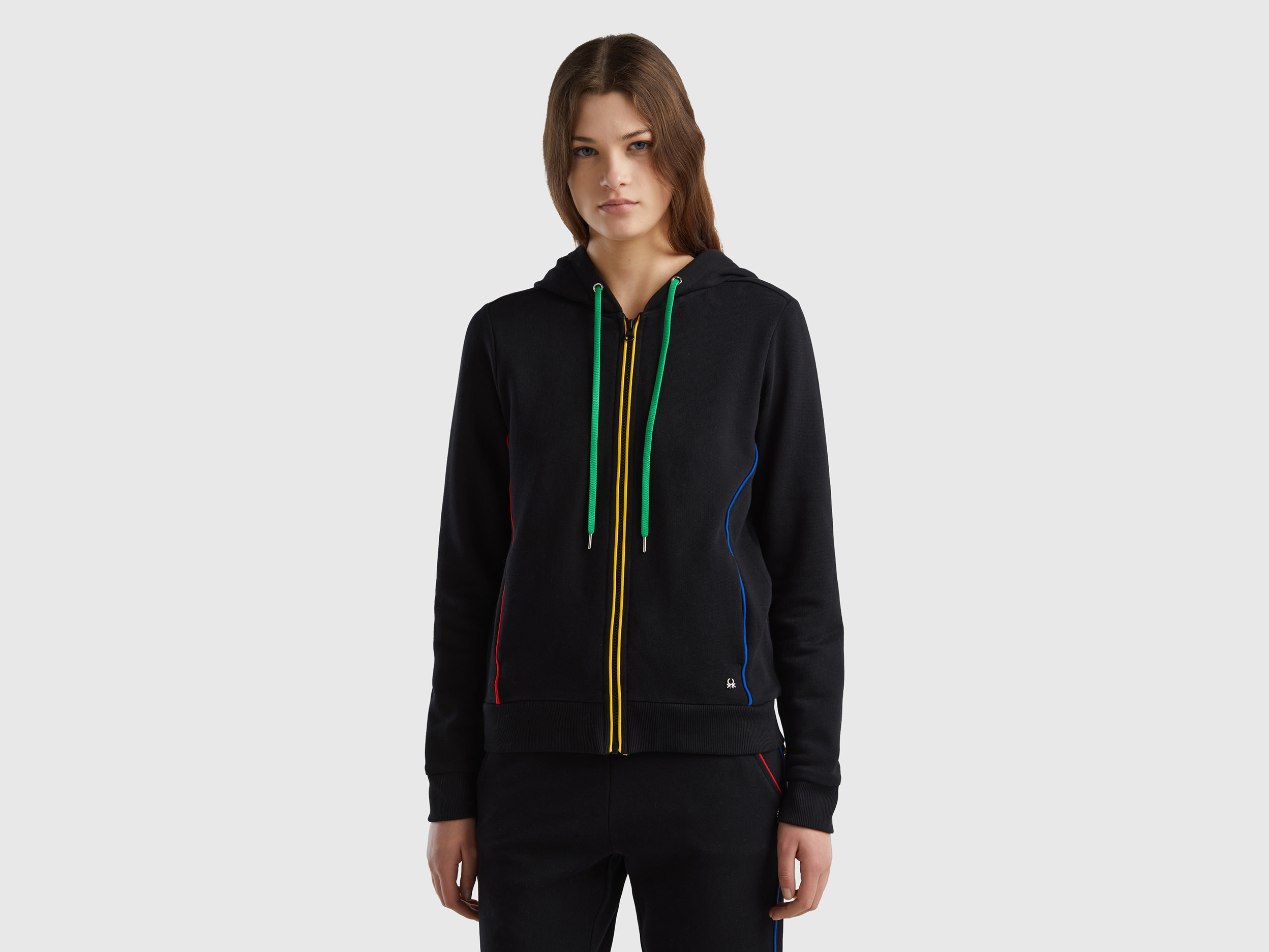 Benetton, 100% Cotton Sweatshirt With Zip And Hood, size L, Black, Women