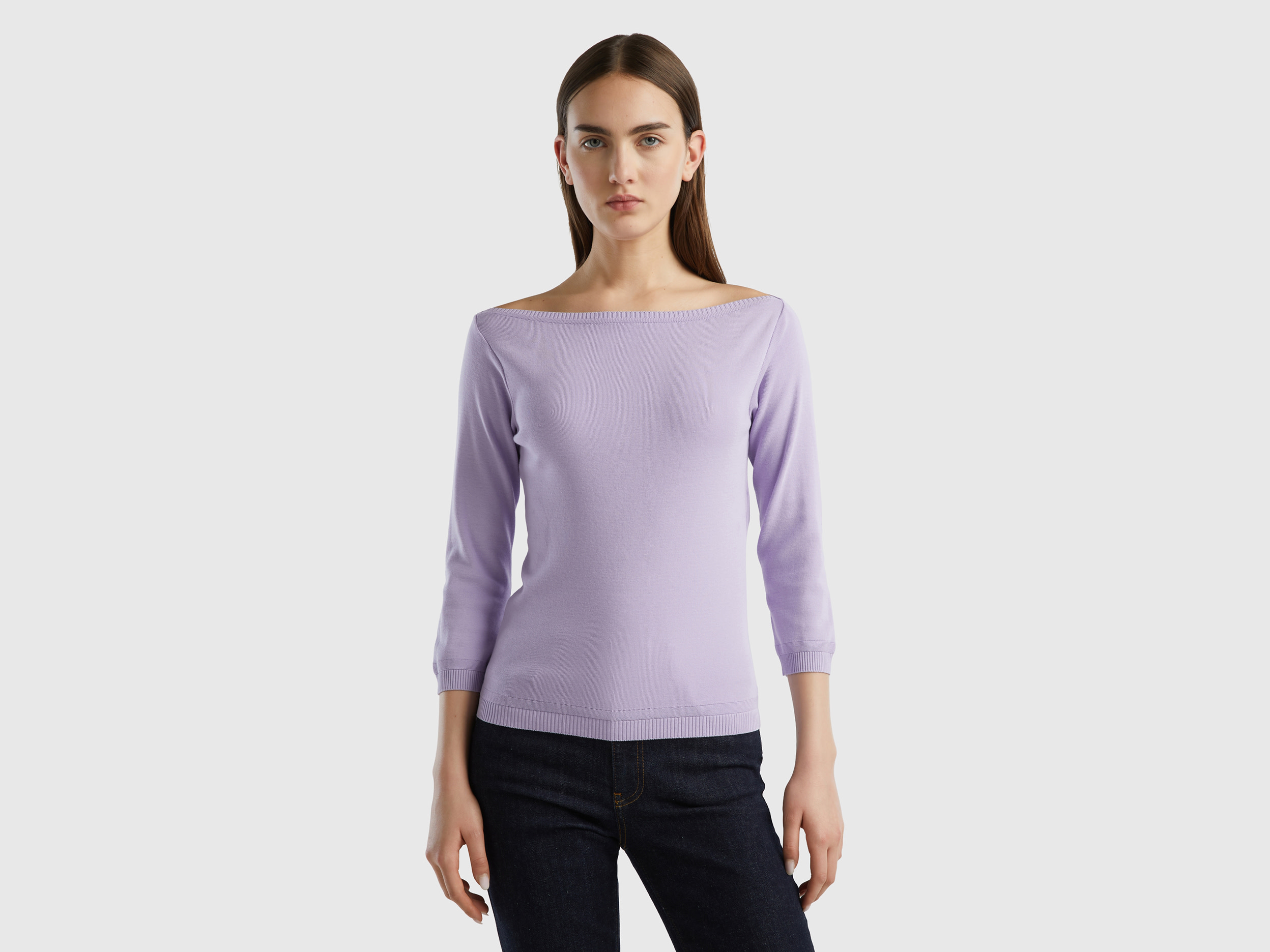 Benetton, 100% Cotton Boat Neck Sweater, size L, Lilac, Women