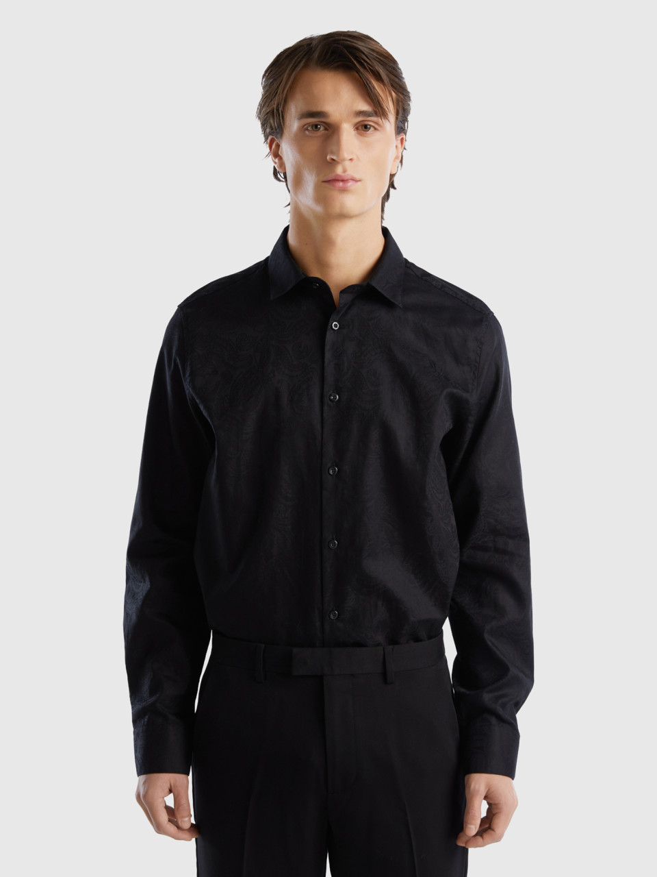 Benetton, Shirt With Jacquard Pattern, Black, Men