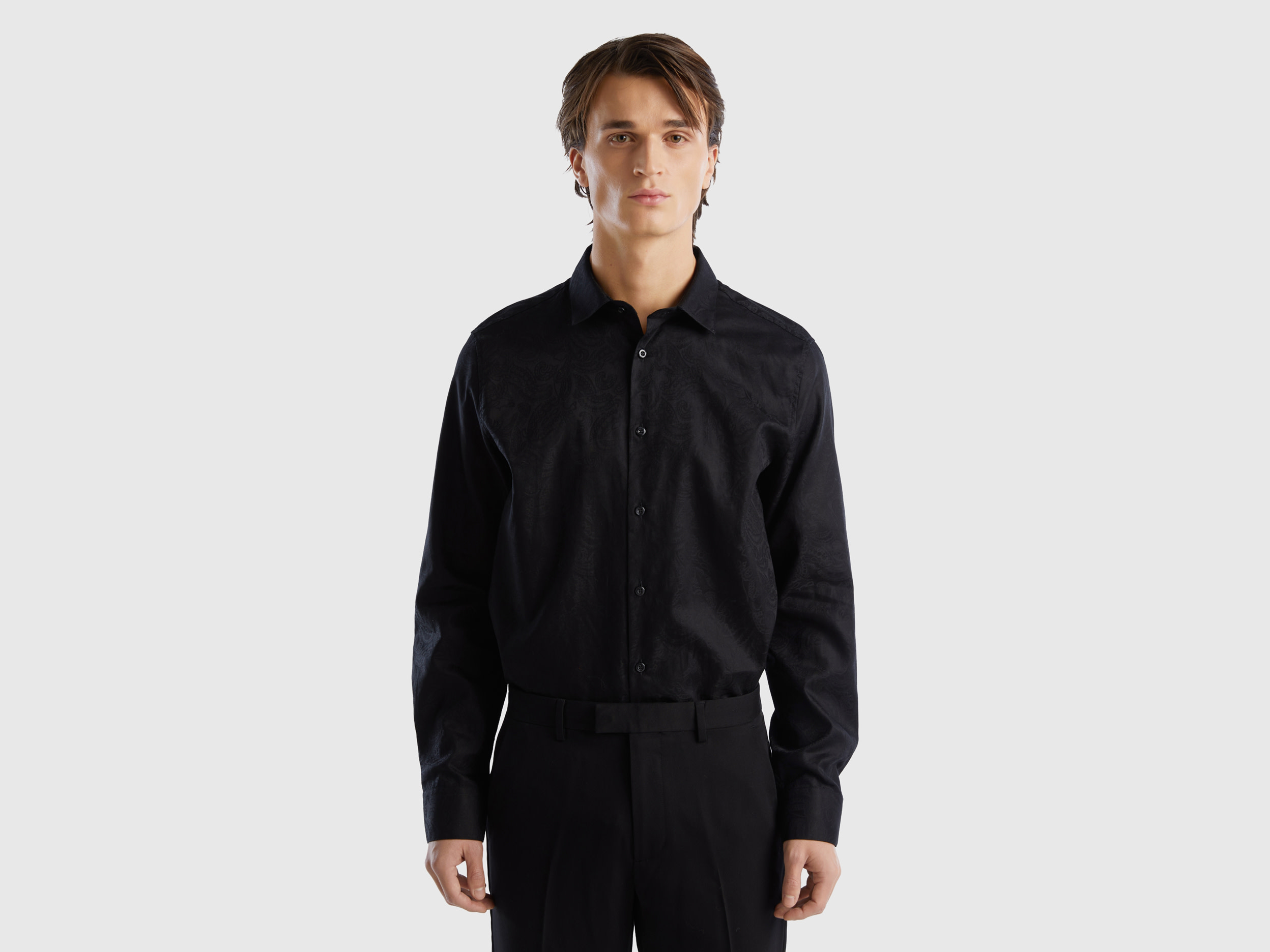 Benetton, Shirt With Jacquard Pattern, size S, Black, Men