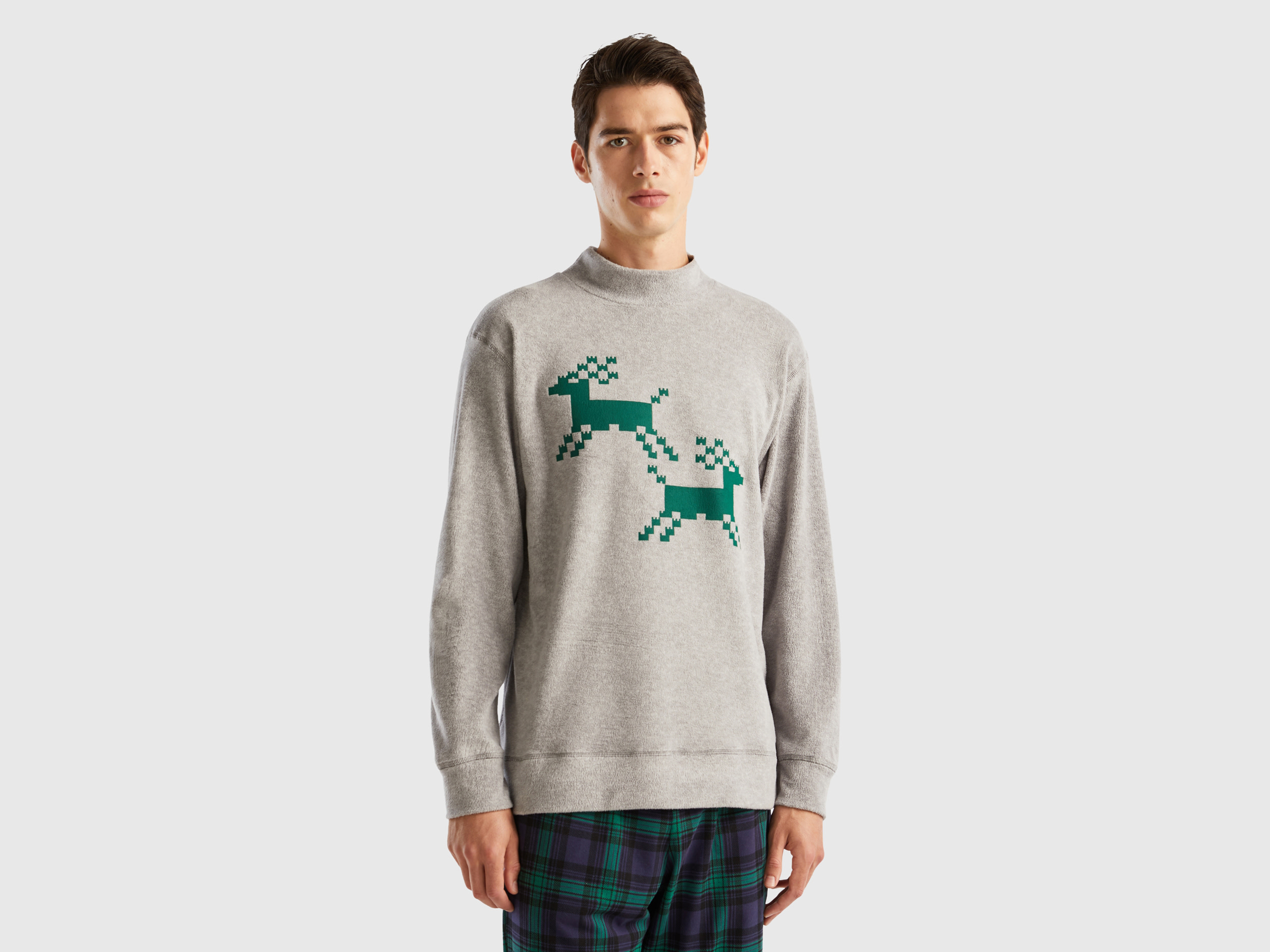 Benetton, Reindeer Fleece Top, size XL, Light Gray, Men