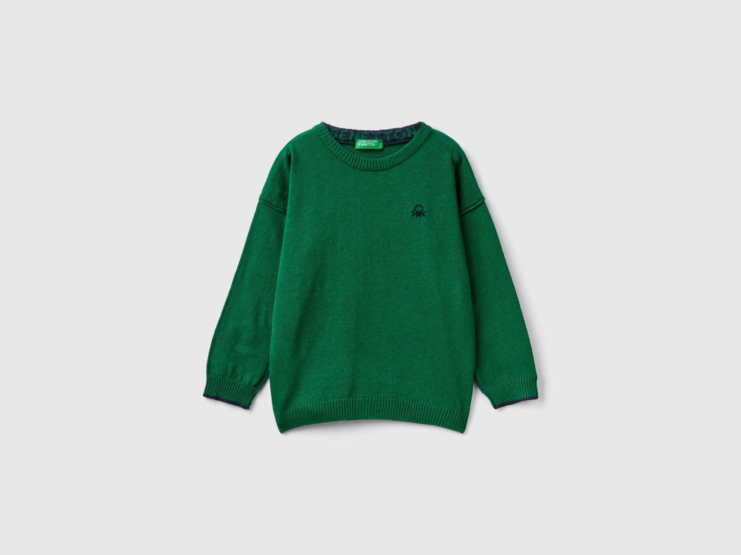 Benetton, Crew Neck Sweater With Embroidery, size 12-18, Green, Kids