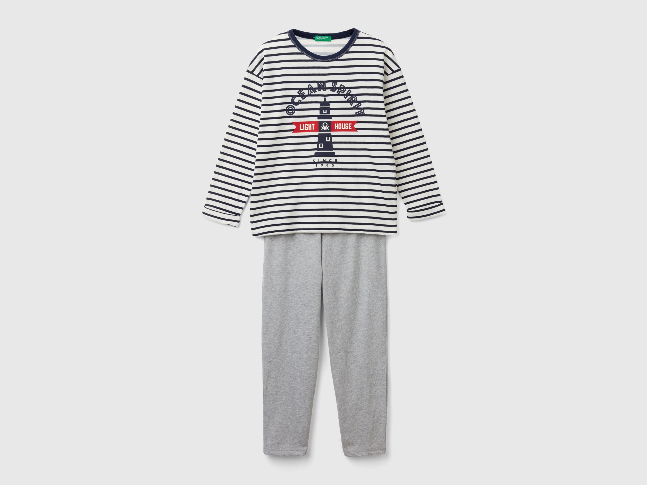 Benetton, Pigiama Con Maglia A Righe, Grigio, Bambini