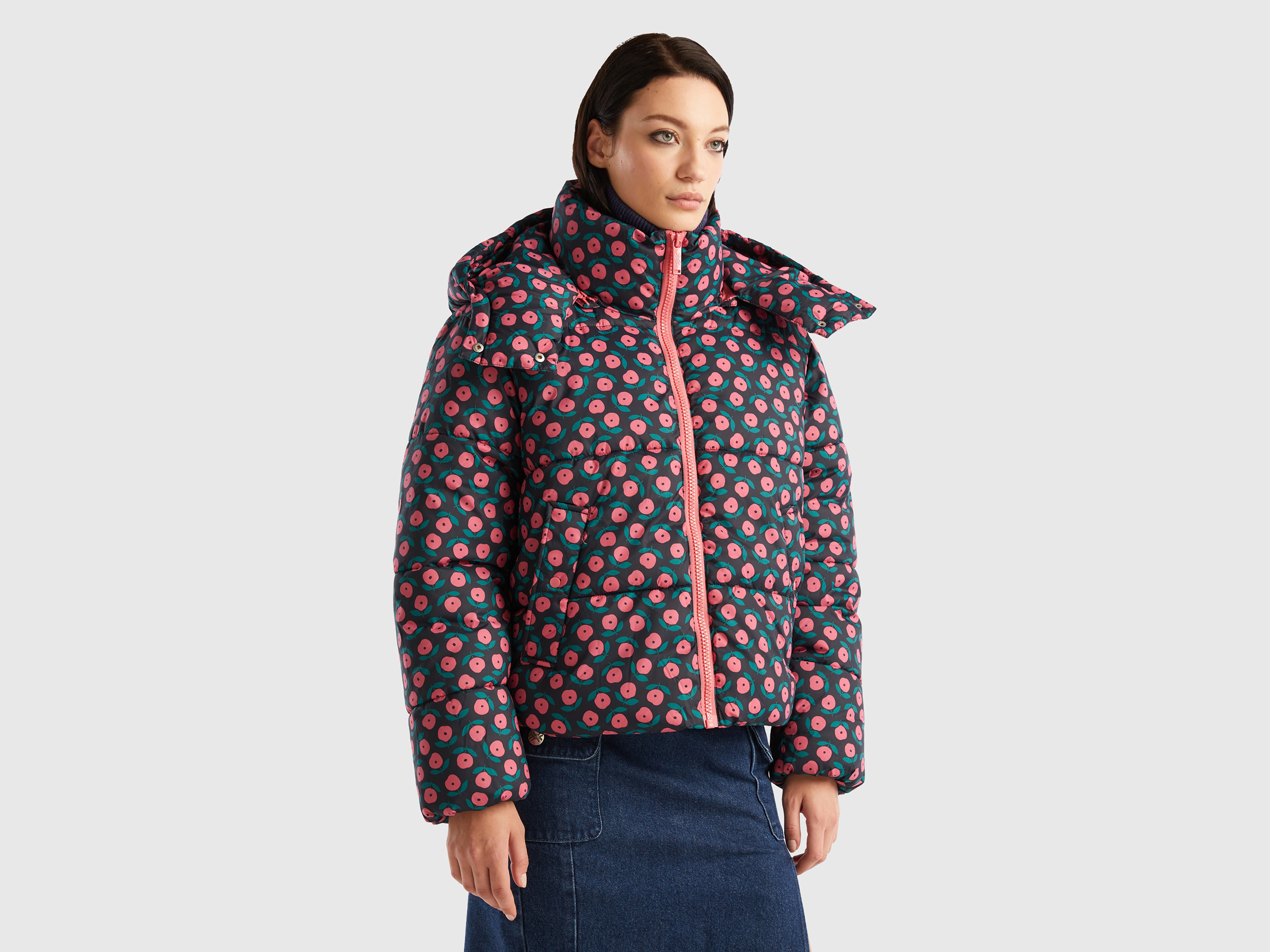 Benetton, Padded Jacket With Flower Print, size S, Black, Women