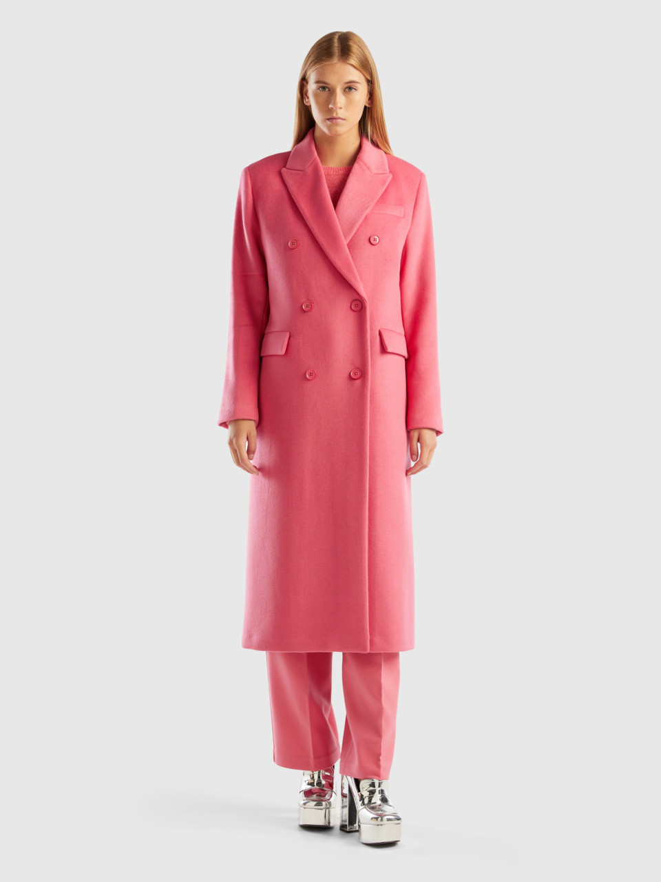 Benetton, Double-breasted Coat In Wool Blend, Pink, Women
