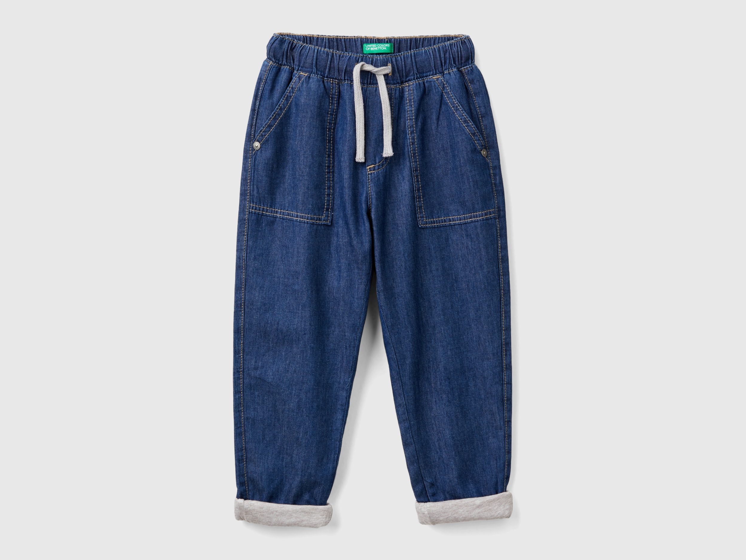 Benetton, Joggers Foderati In Jeans, Blu, Bambini
