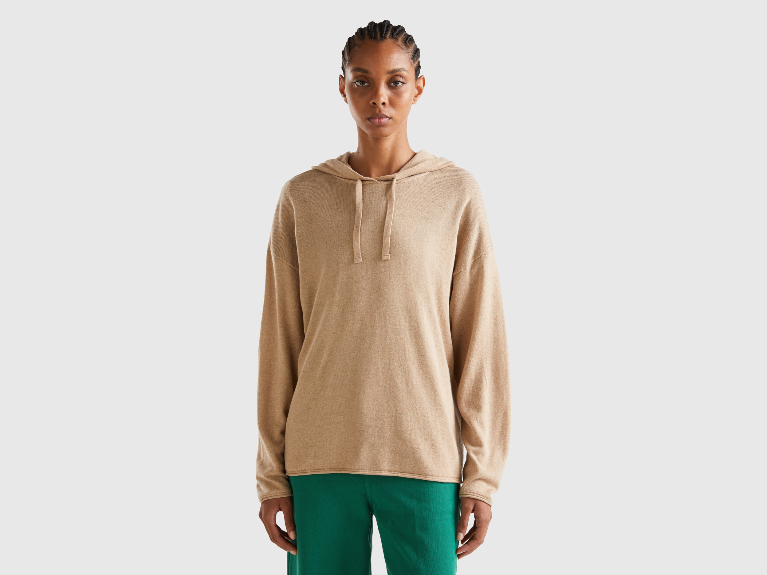 Benetton, Beige Cashmere Blend Sweater With Hood, size L, Beige, Women