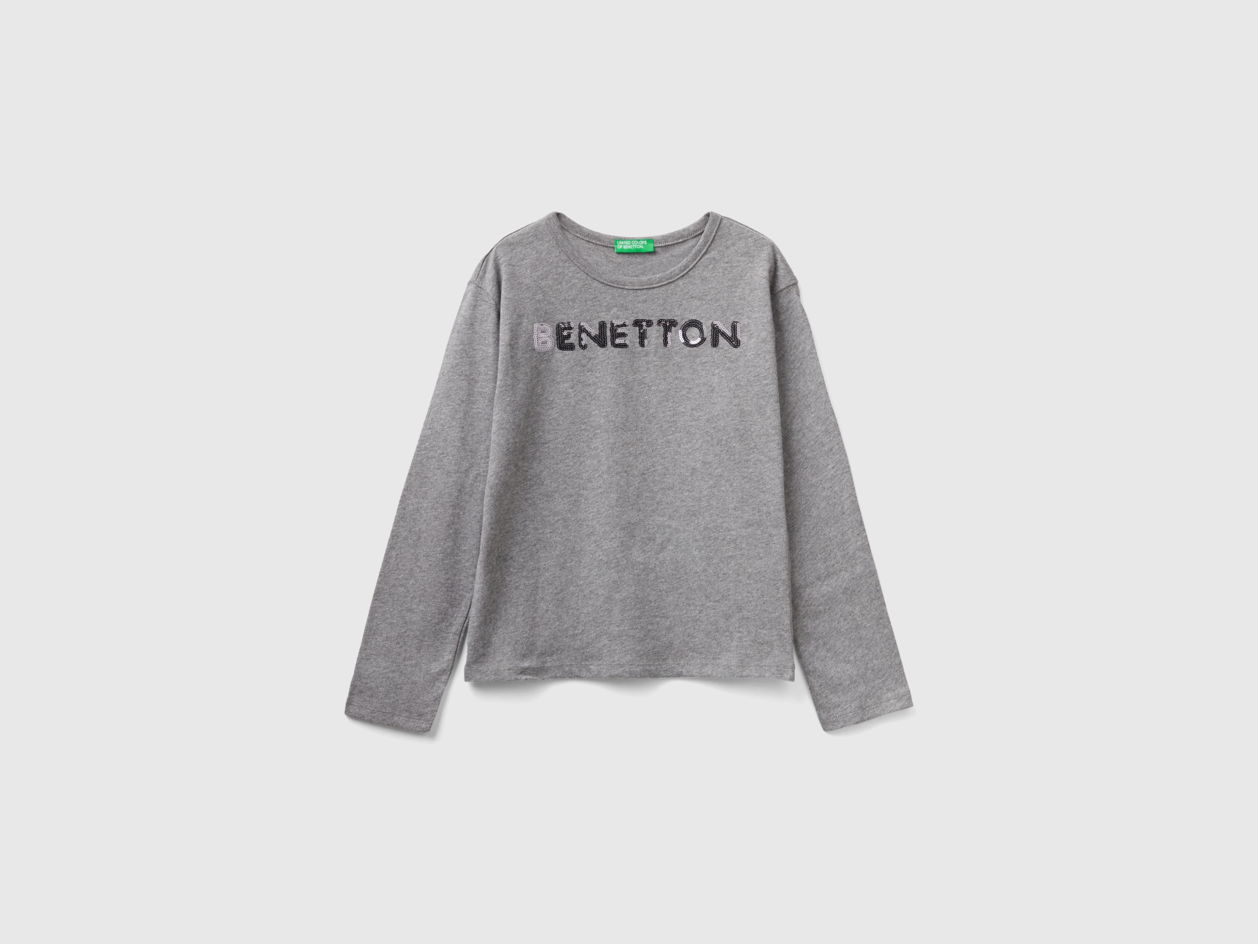 Benetton, T-shirt In Warm Organic Cotton With Sequins, size XL, Dark Gray, Kids