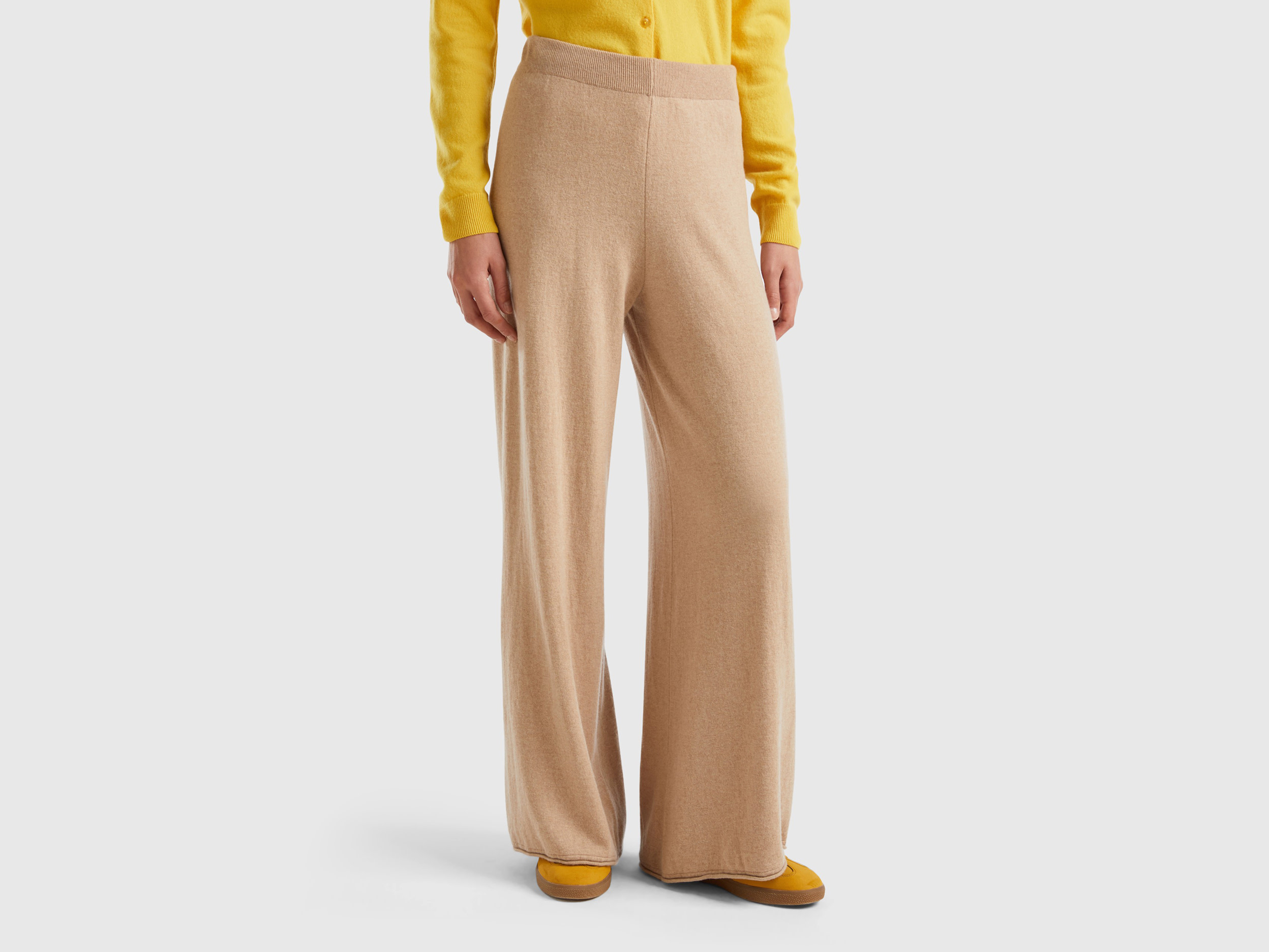 Benetton, Beige Wide Leg Trousers In Cashmere And Wool Blend, size XL, Beige, Women