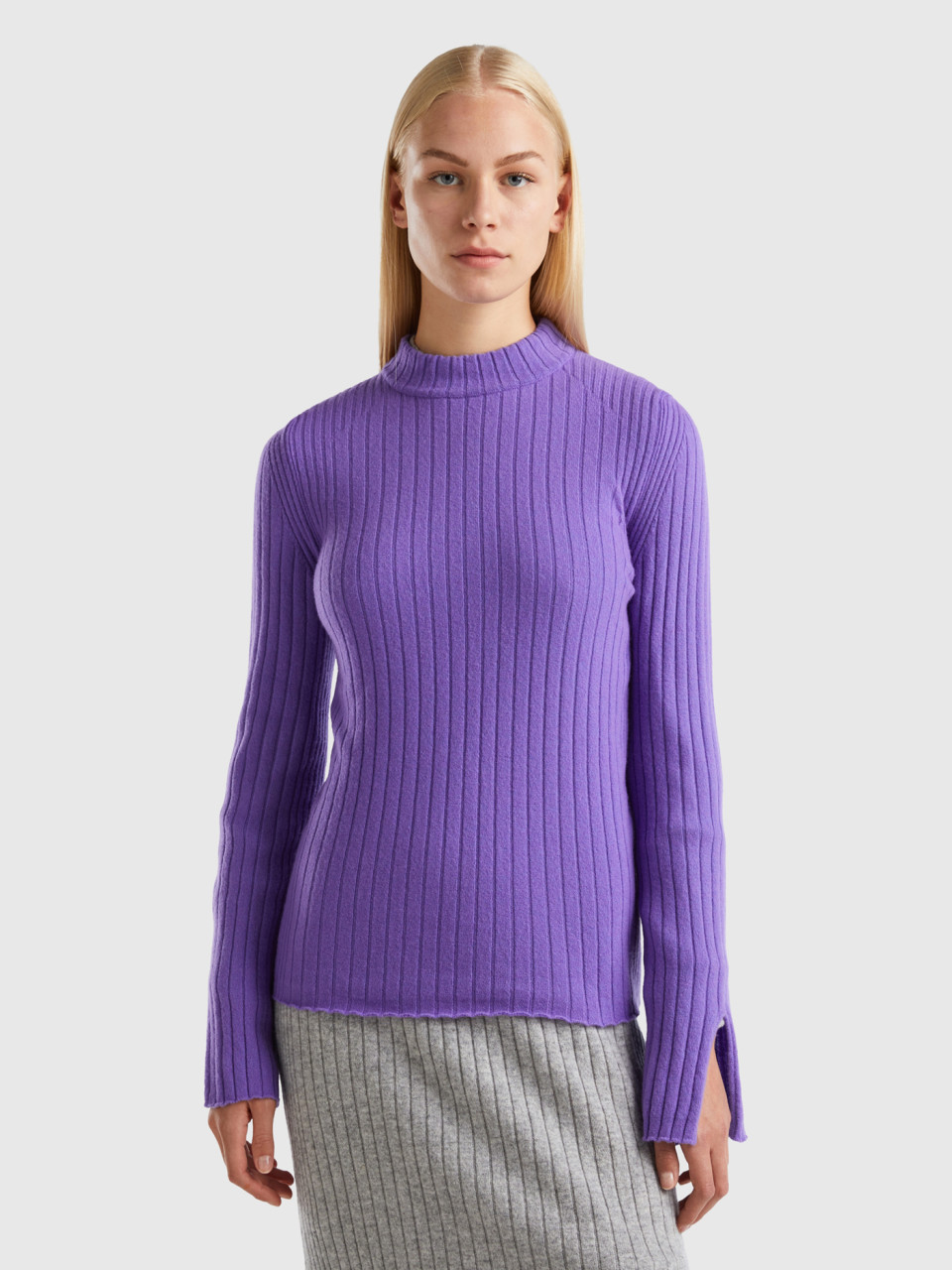 Benetton, Turtleneck Sweater With Slits, Violet, Women