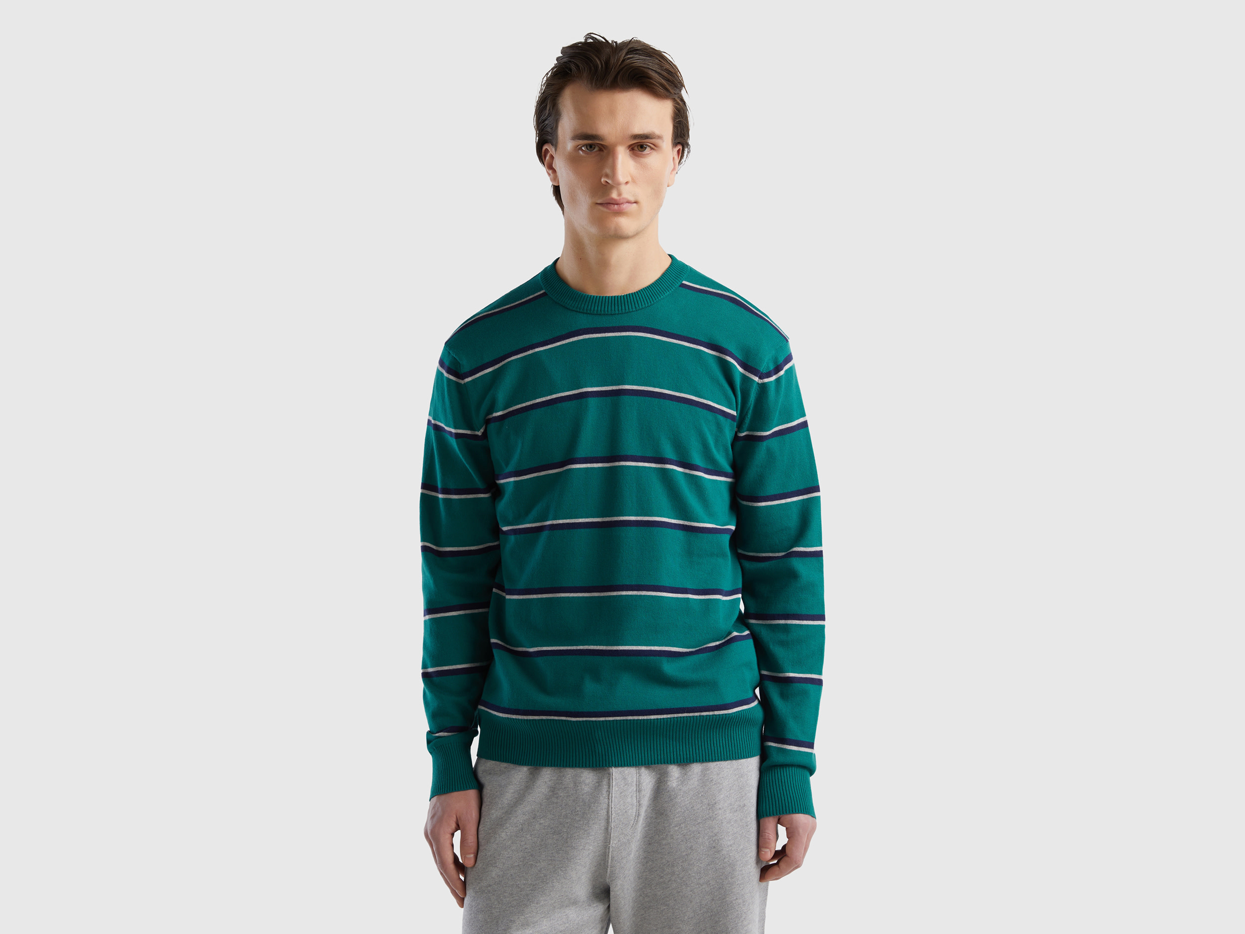 Benetton, Striped 100% Cotton Sweater, size XXL, Dark Green, Men