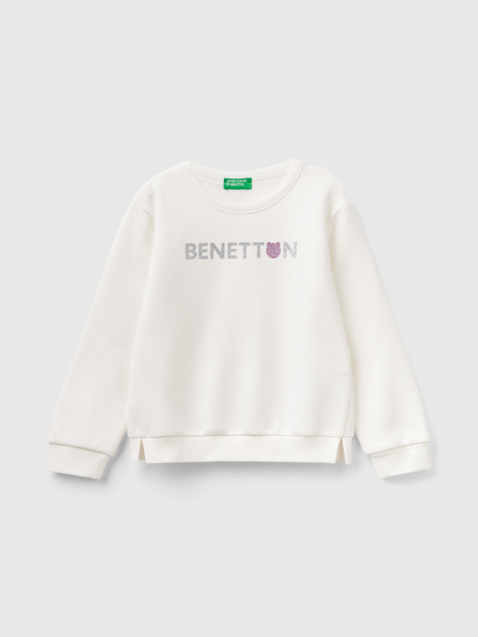 Benetton, Pullover Sweatshirt With Glittery Print, Creamy White, Kids
