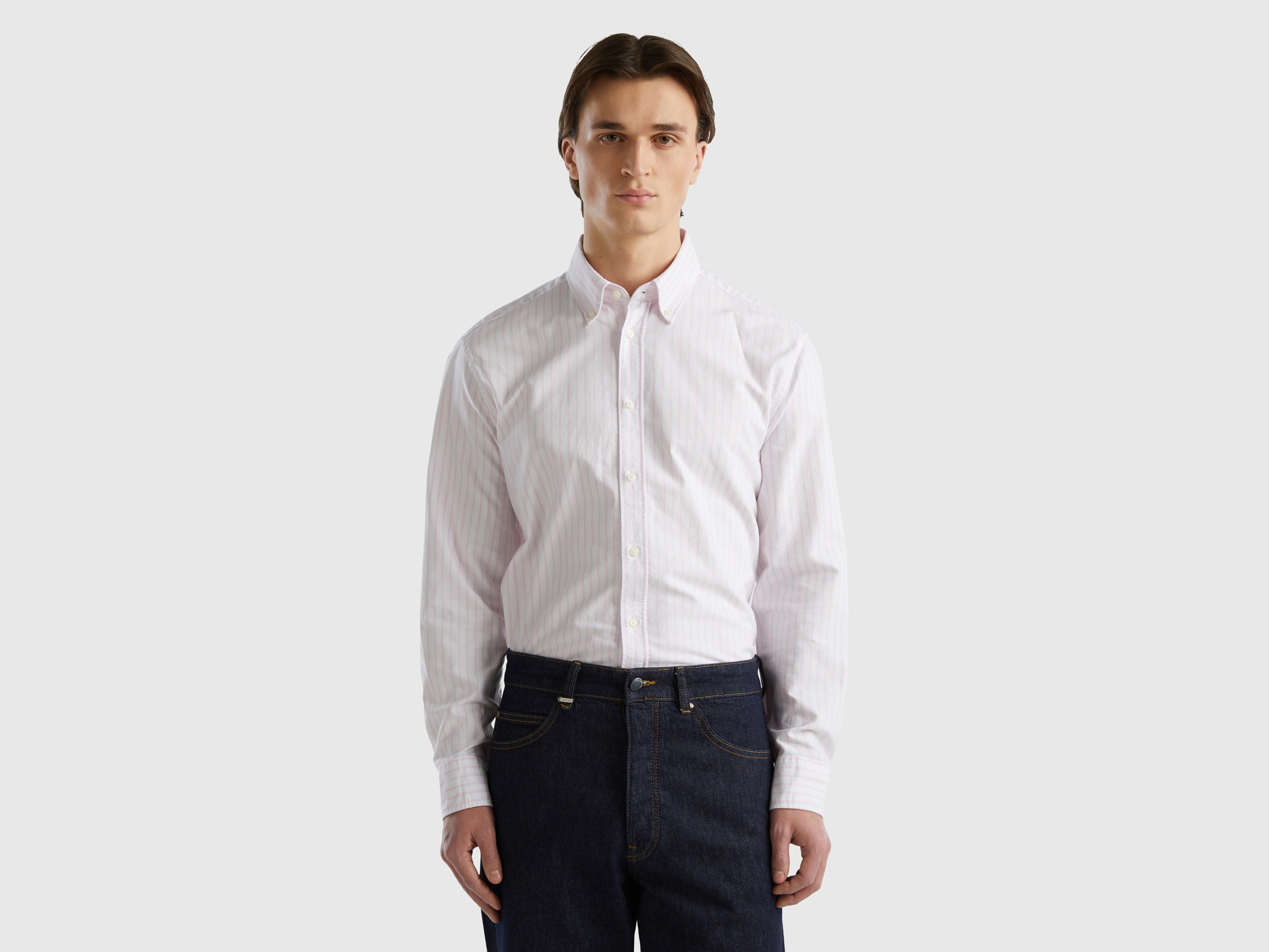 Benetton, 100% Cotton Striped Shirt, size L, White, Men