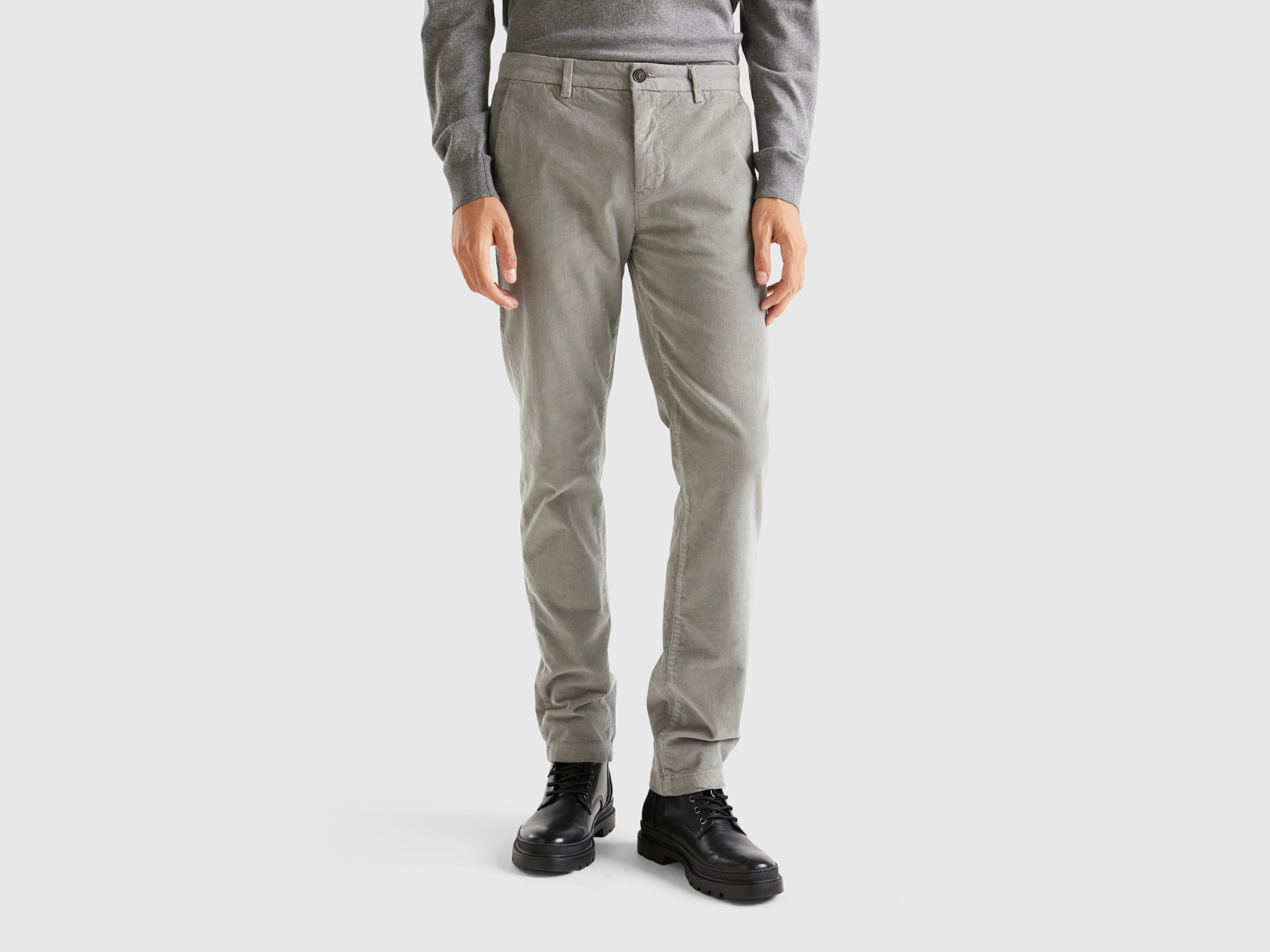 Benetton, Stretch Velvet Trousers, size 34, Light Gray, Men