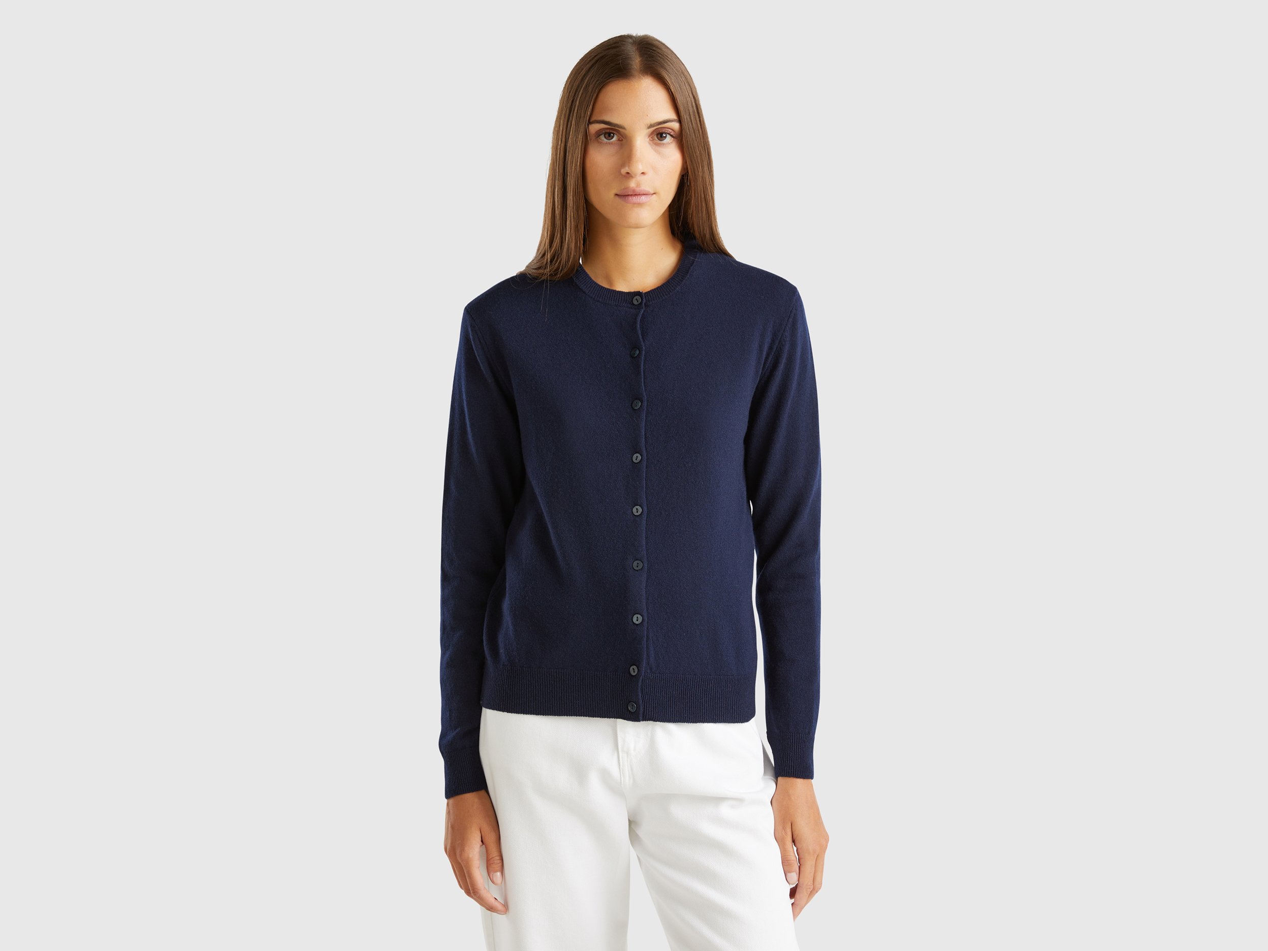 Benetton, Midnight Blue Crew Neck Cardigan In Pure Merino Wool, size XL, Dark Blue, Women