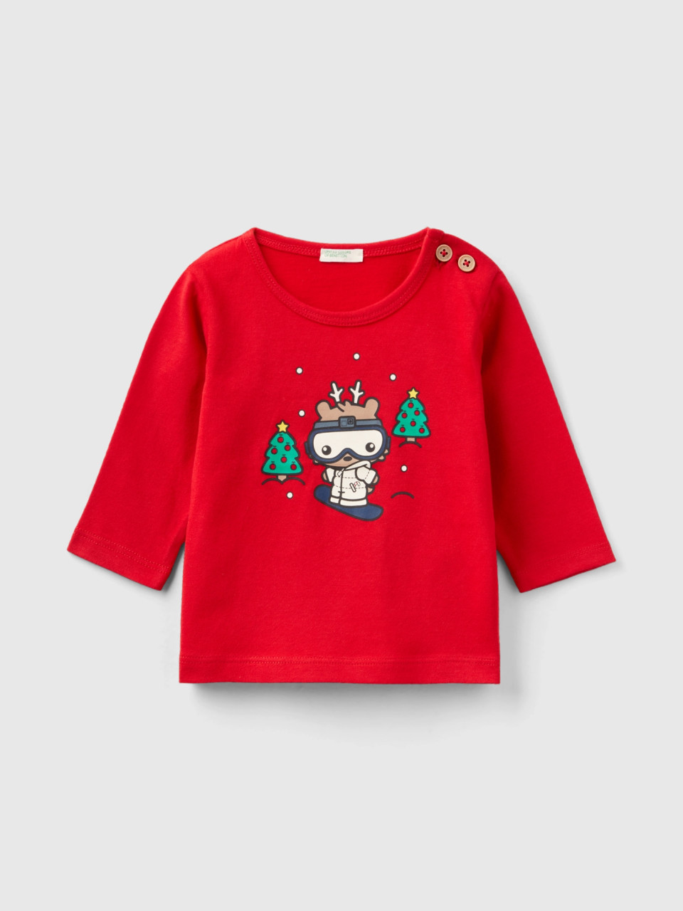 Benetton, T-shirt With Christmas Print, Red, Kids