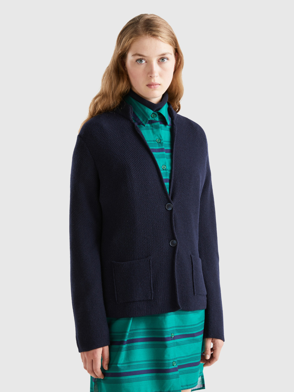 Benetton, Knit Jacket In Wool And Cashmere Blend, Dark Blue, Women
