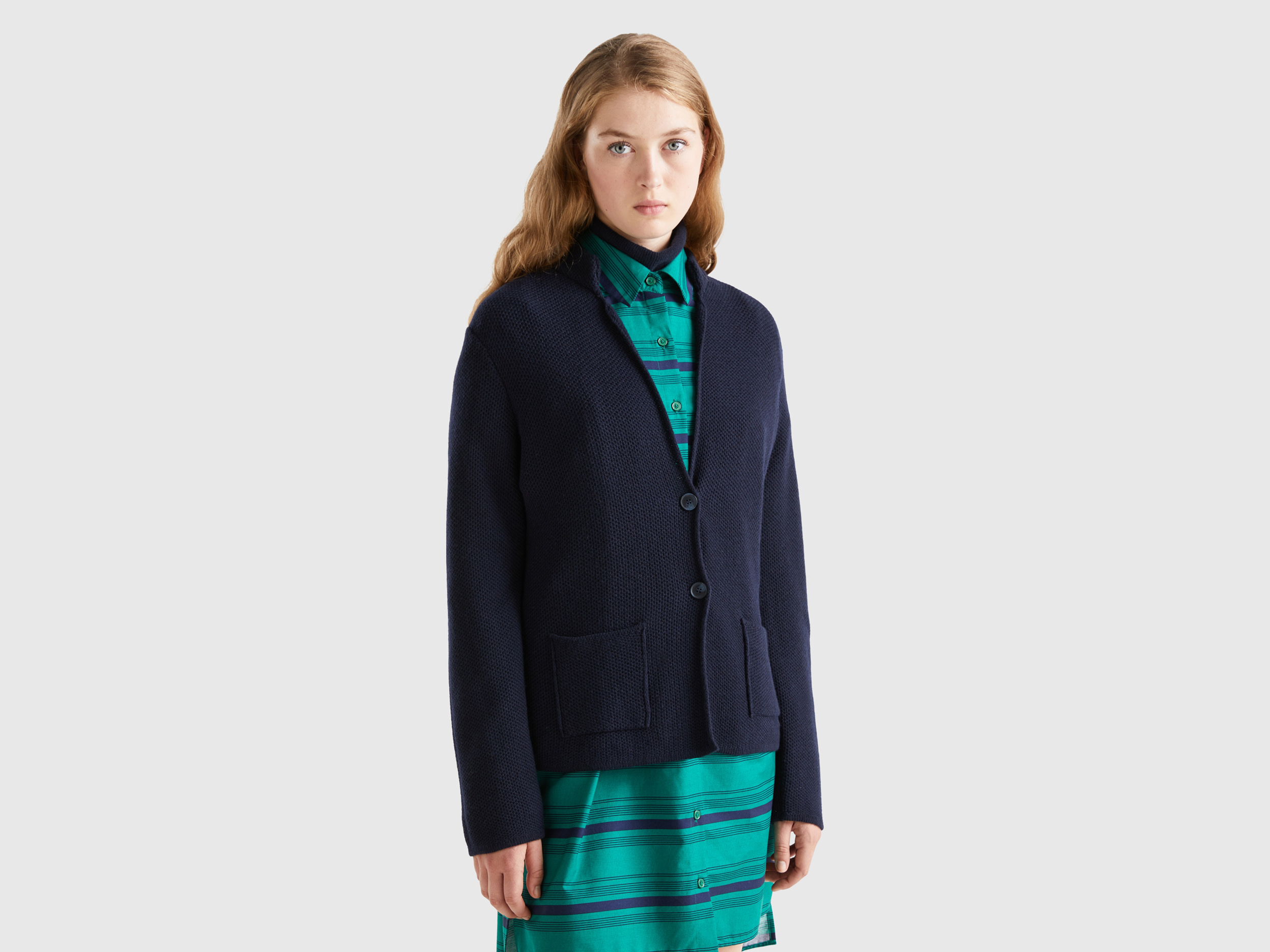 Benetton, Knit Jacket In Wool And Cashmere Blend, size L, Dark Blue, Women