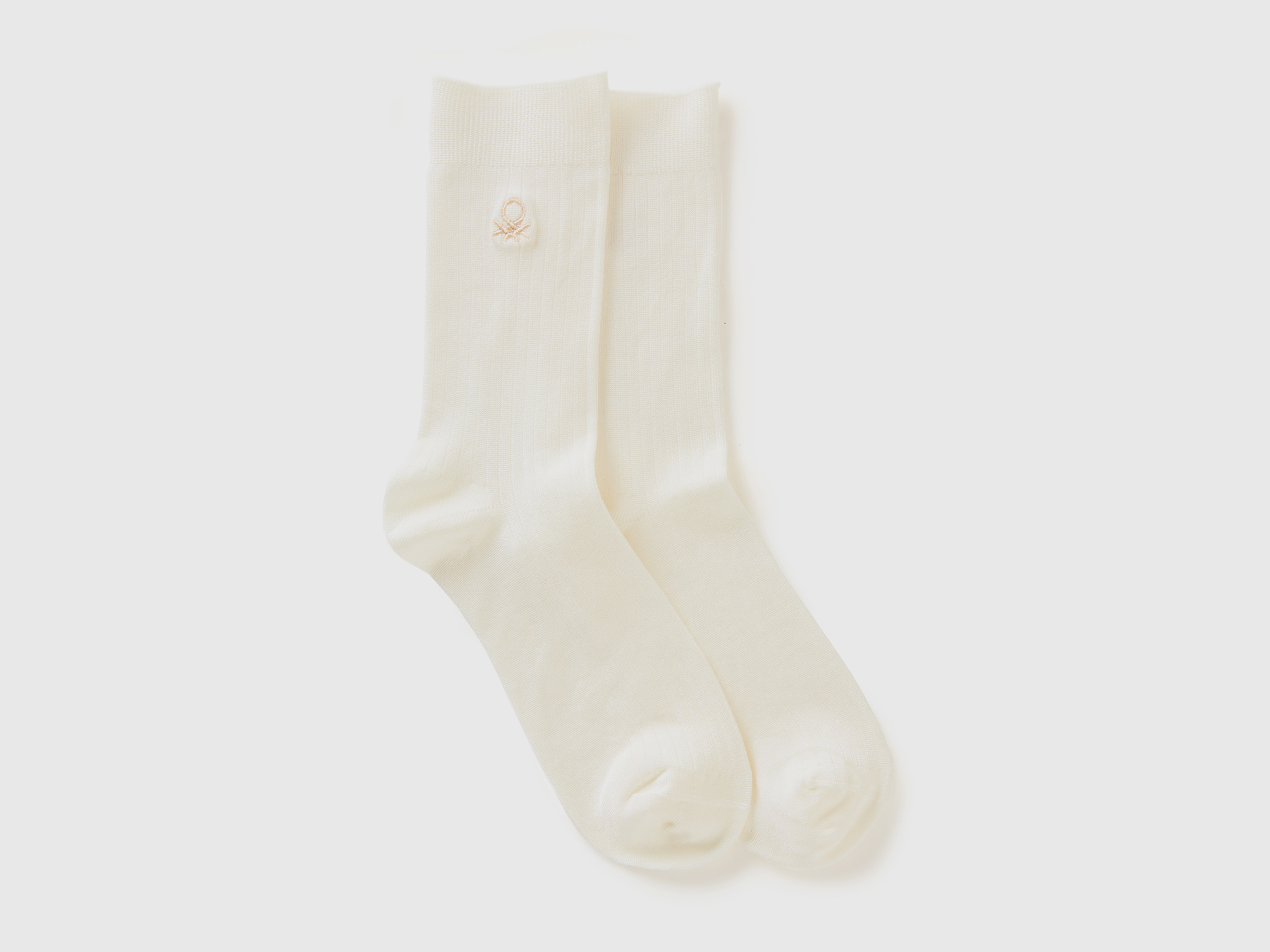 Benetton, Calzini A Costine Con Logo, Bianco Panna, Donna