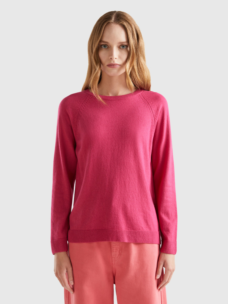 Benetton, Magenta Red Crew Neck Sweater In Cashmere And Wool Blend, Cyclamen, Women