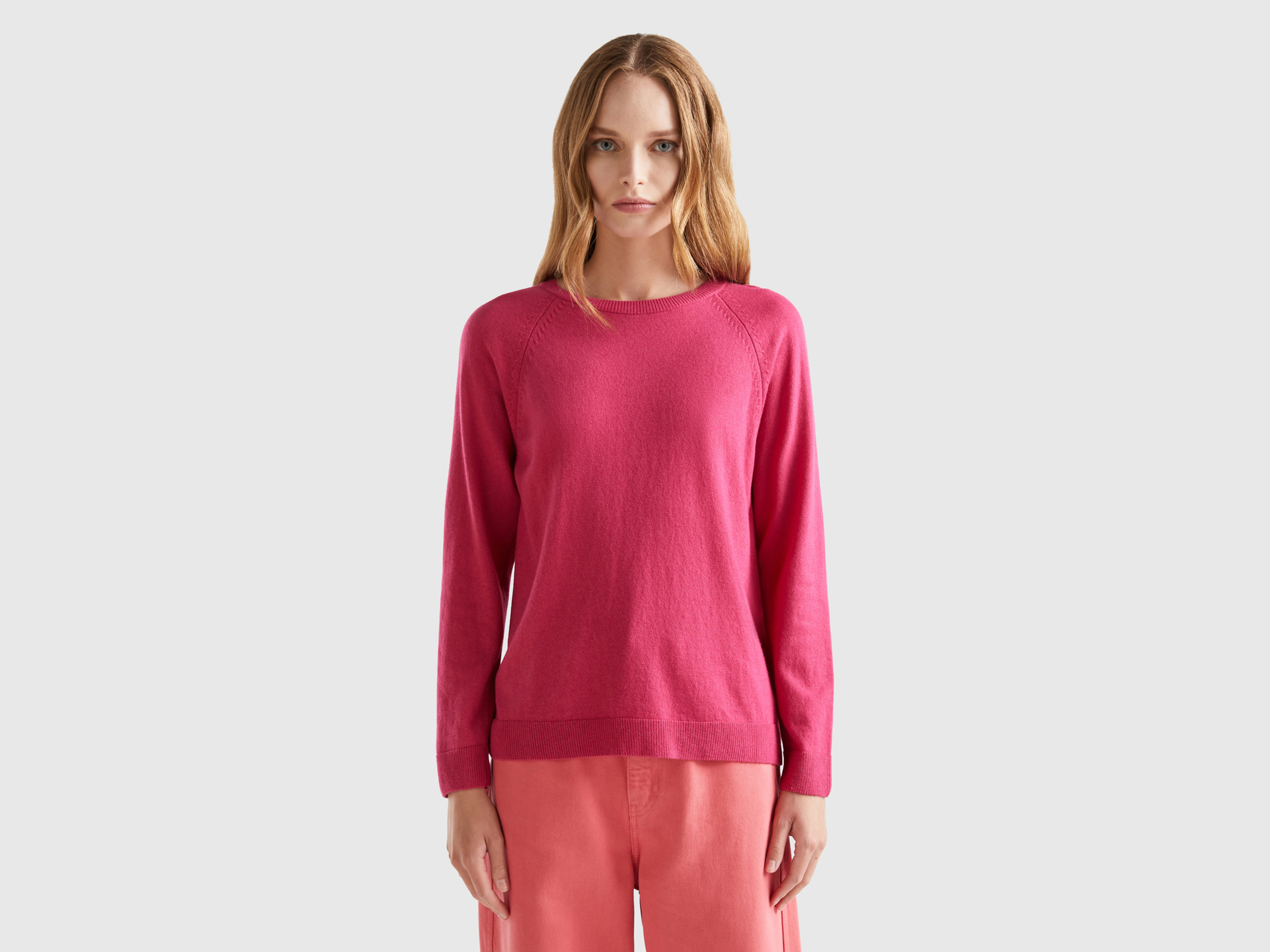 Benetton, Magenta Red Crew Neck Sweater In Cashmere And Wool Blend, size XL, Cyclamen, Women