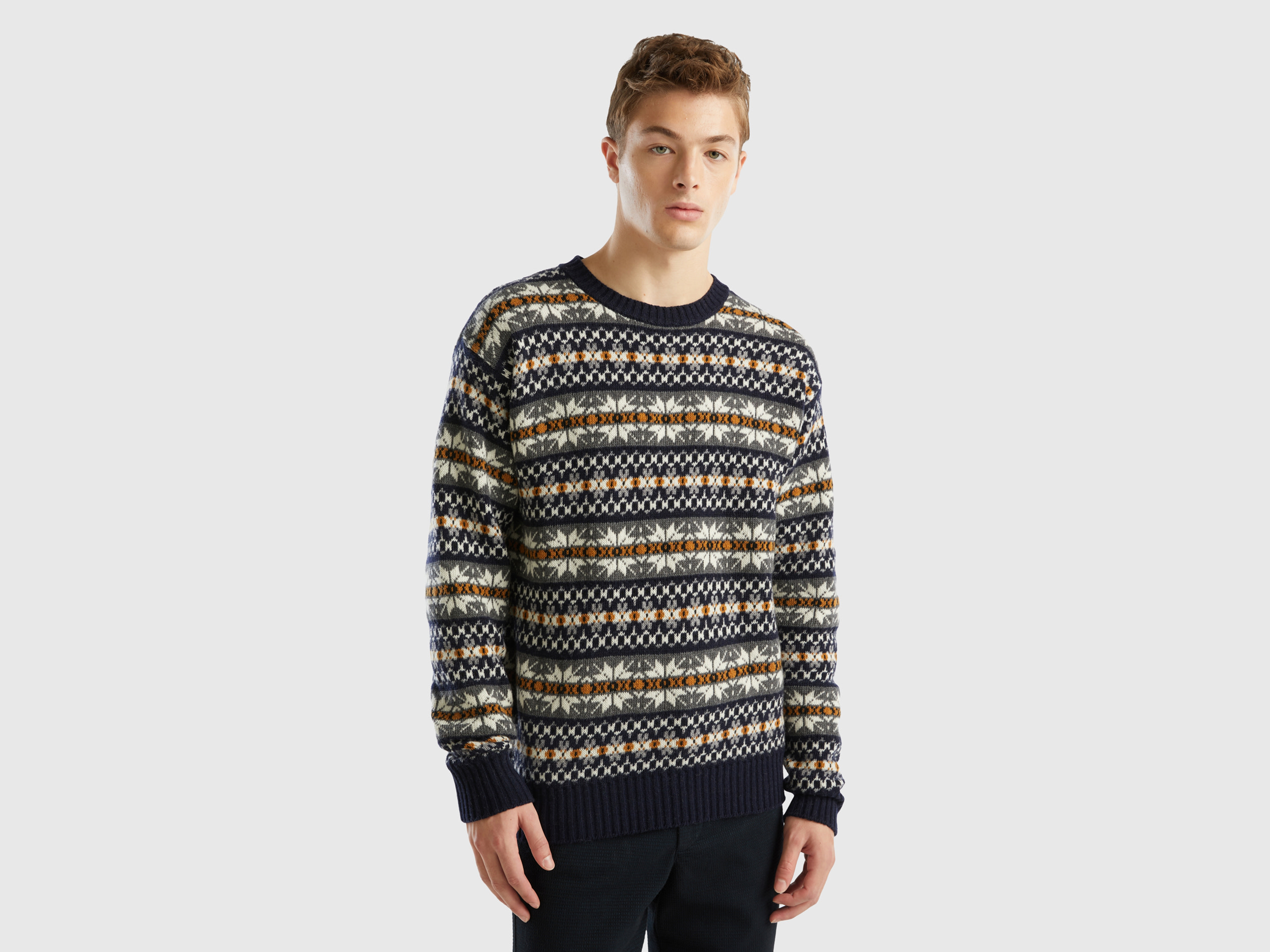 Benetton, Jacquard Sweater In Wool Blend, size L, Dark Blue, Men