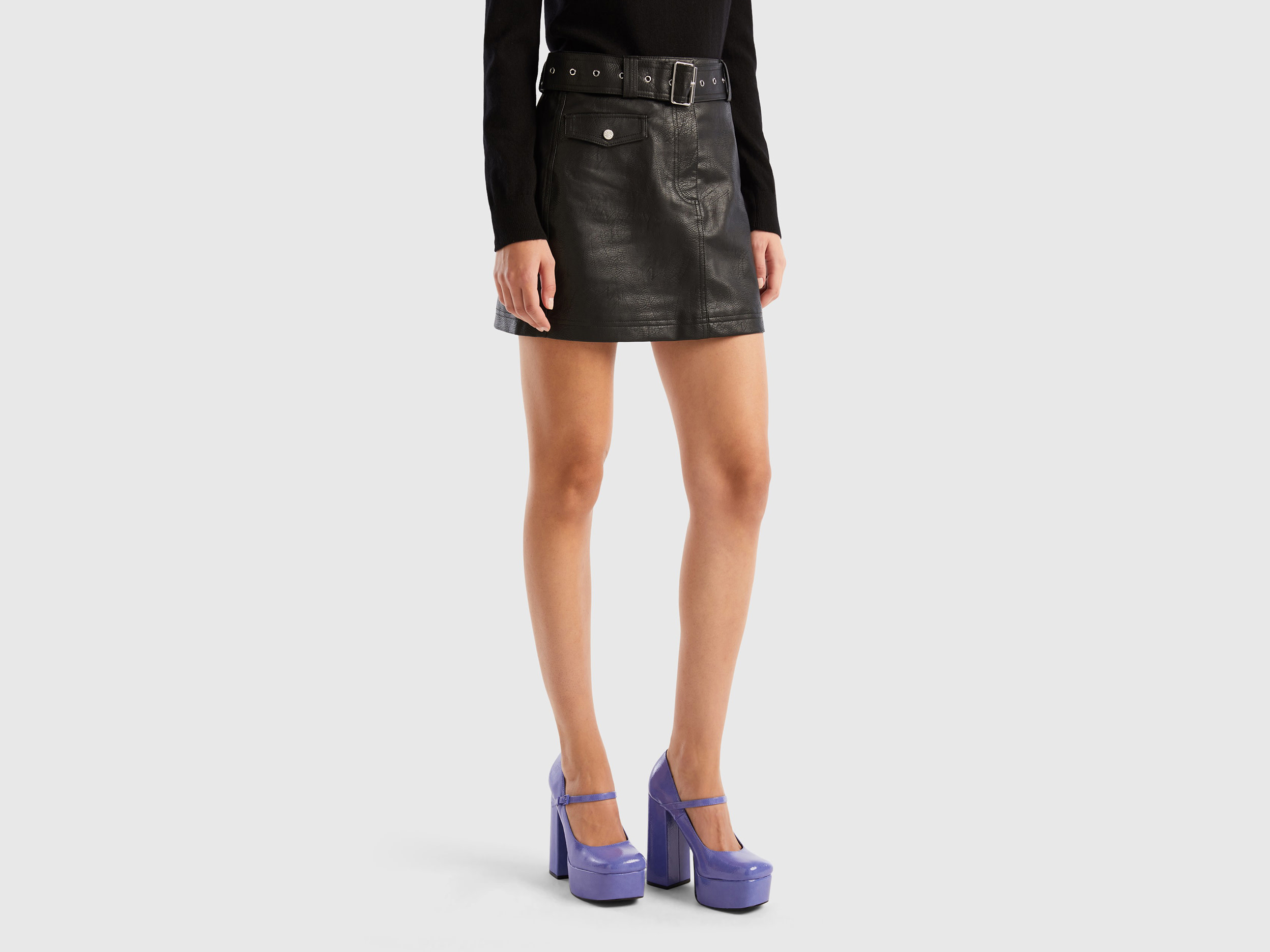 Benetton, Mini Skirt With Belt In Imitation Leather, size 6, Black, Women