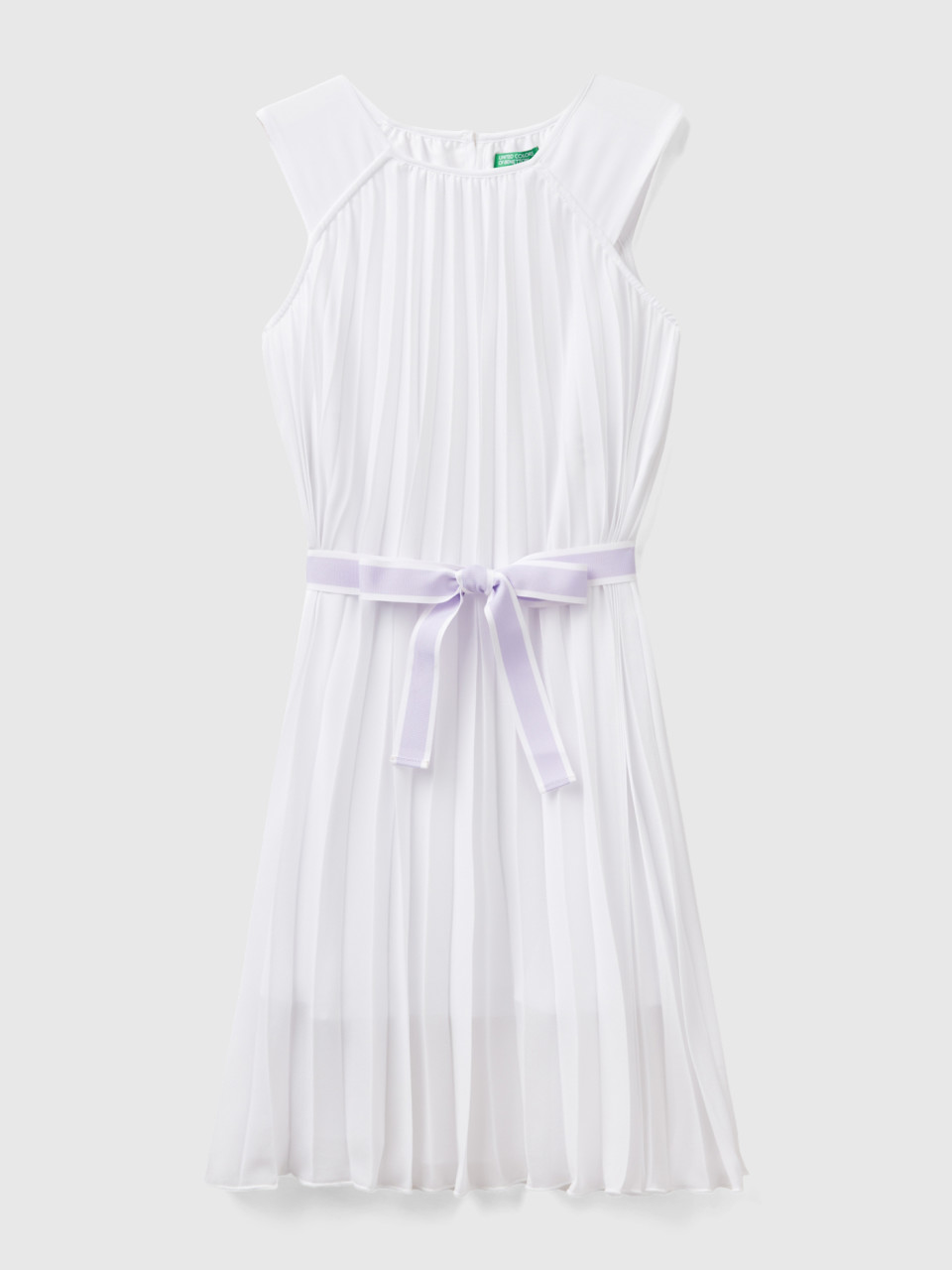 Benetton, Pleated Dress With Belt, White, Kids
