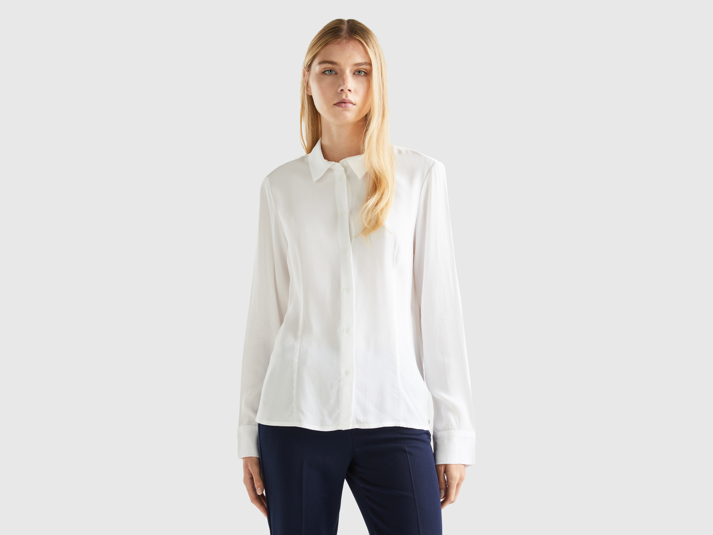 Benetton, Flared Viscose Shirt, size L, White, Women