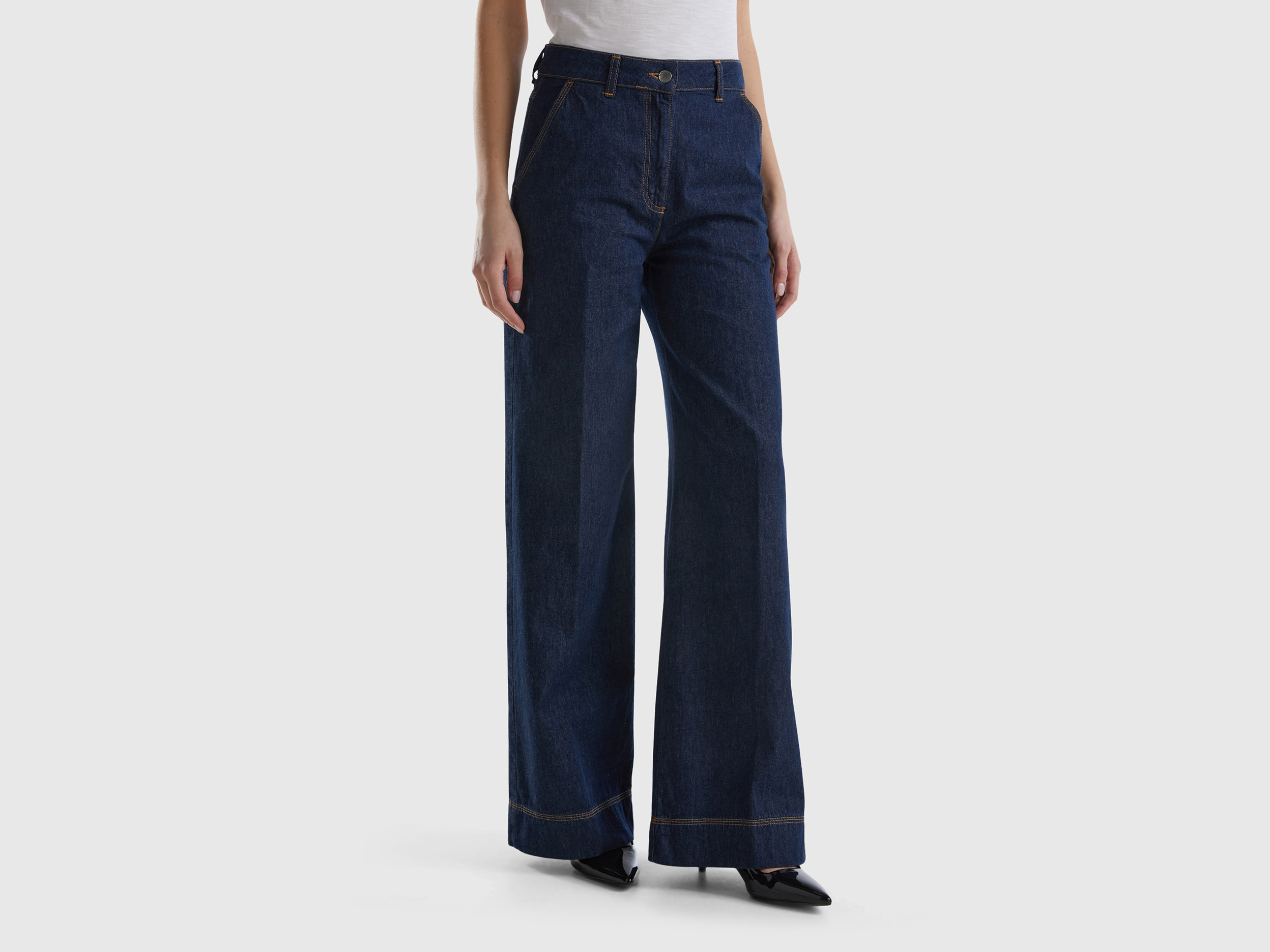 Benetton, Wide Leg Jeans Trousers, size 32, Dark Blue, Women