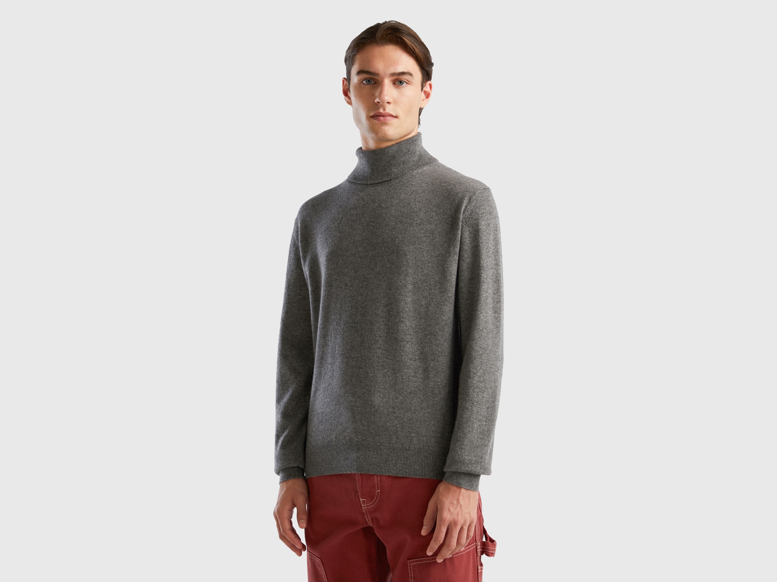 Benetton, Dark Gray Turtleneck In Pure Cashmere, size XL, Dark Gray, Men