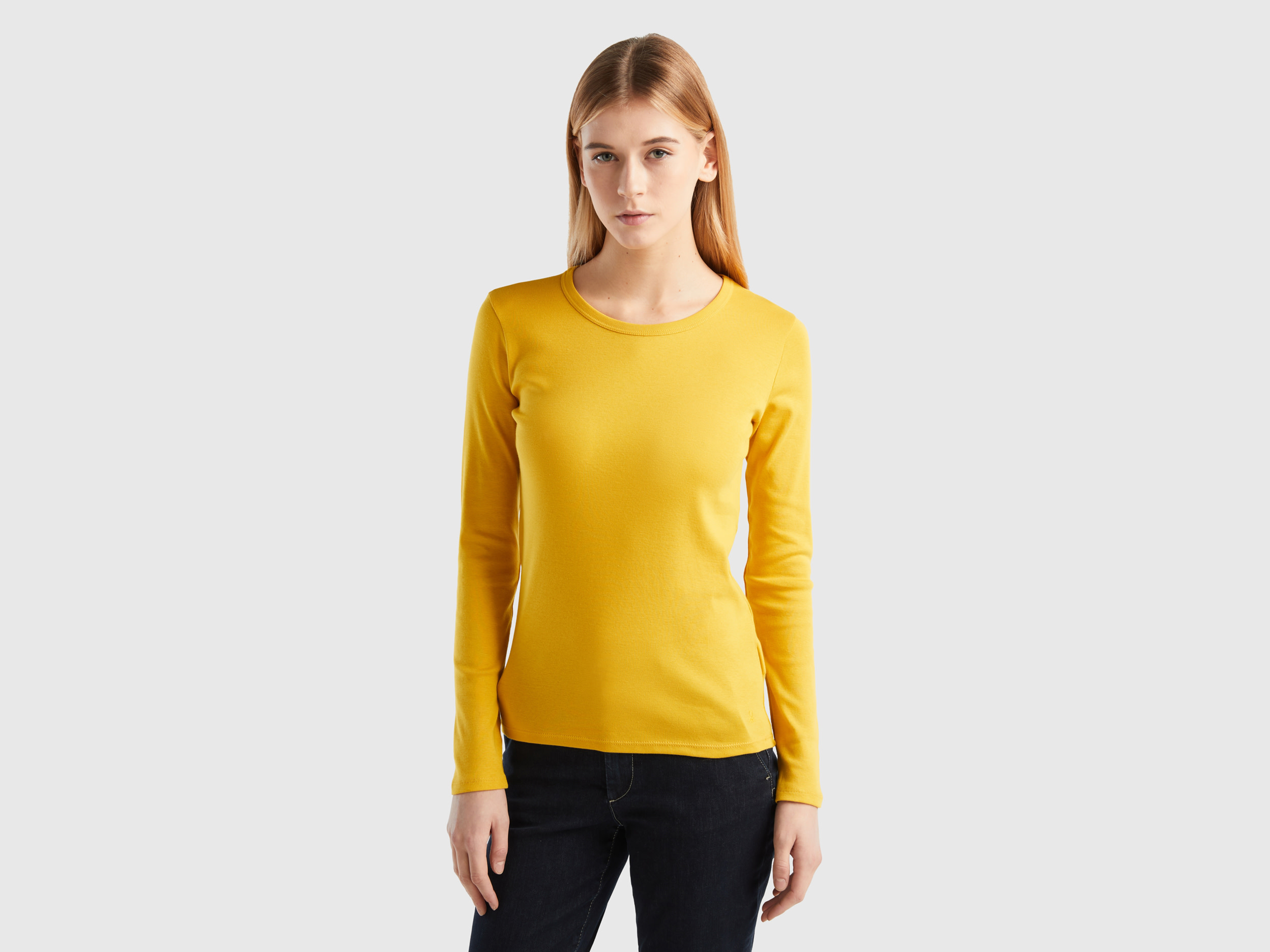 Benetton, Long Sleeve Pure Cotton T-shirt, size L, Yellow, Women