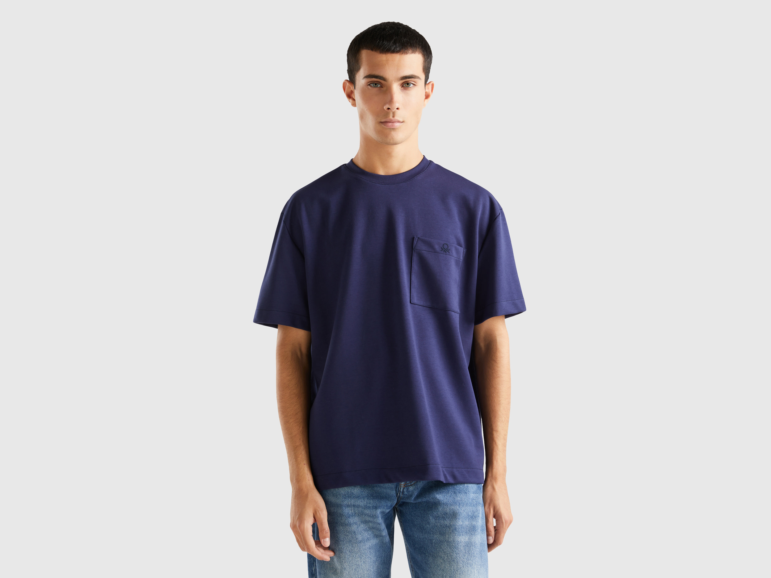 Benetton, Oversized T-shirt With Pocket, size XS, Dark Blue, Men