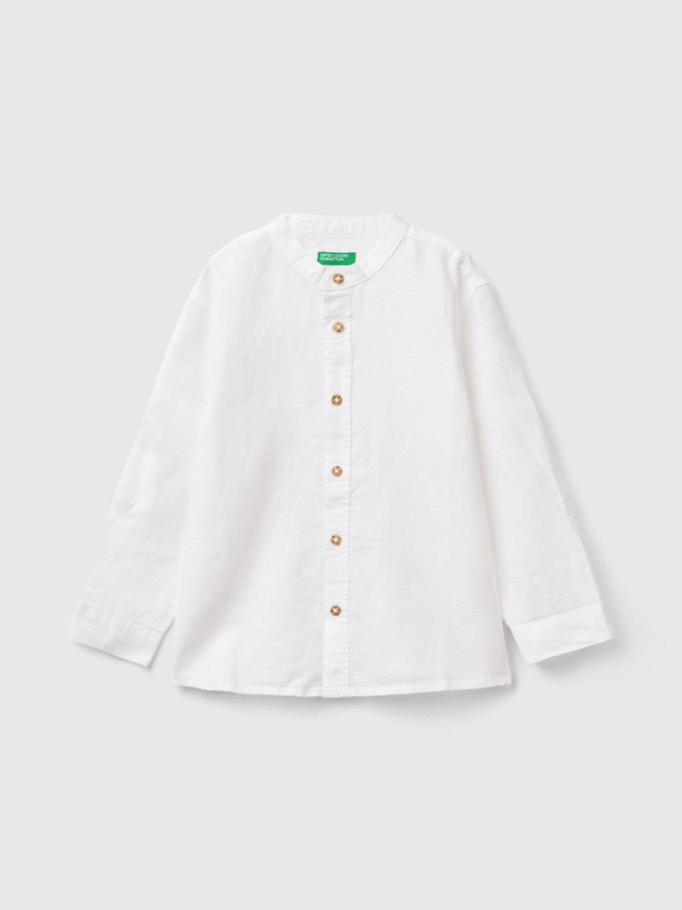 Benetton, Mandarin Collar Shirt In Linen Blend, White, Kids