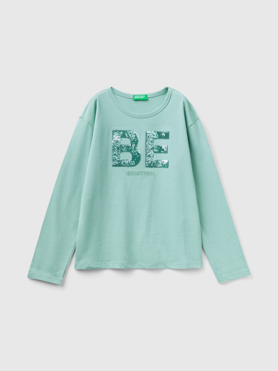 Benetton, T-shirt En Coton Bio Chaud À Paillettes, Bleu Vert, Enfants