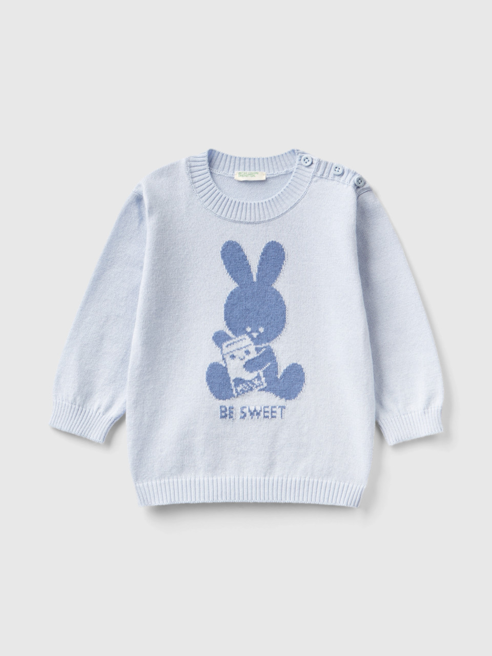 Benetton, Warm Cotton Sweater With Inlay, Sky Blue, Kids