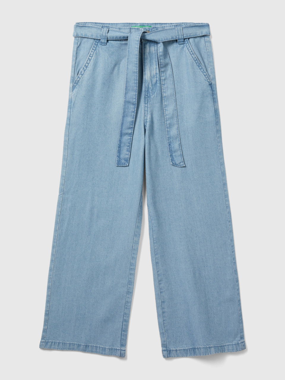 Benetton, Wide Fit Trousers In Chambray, Sky Blue, Kids