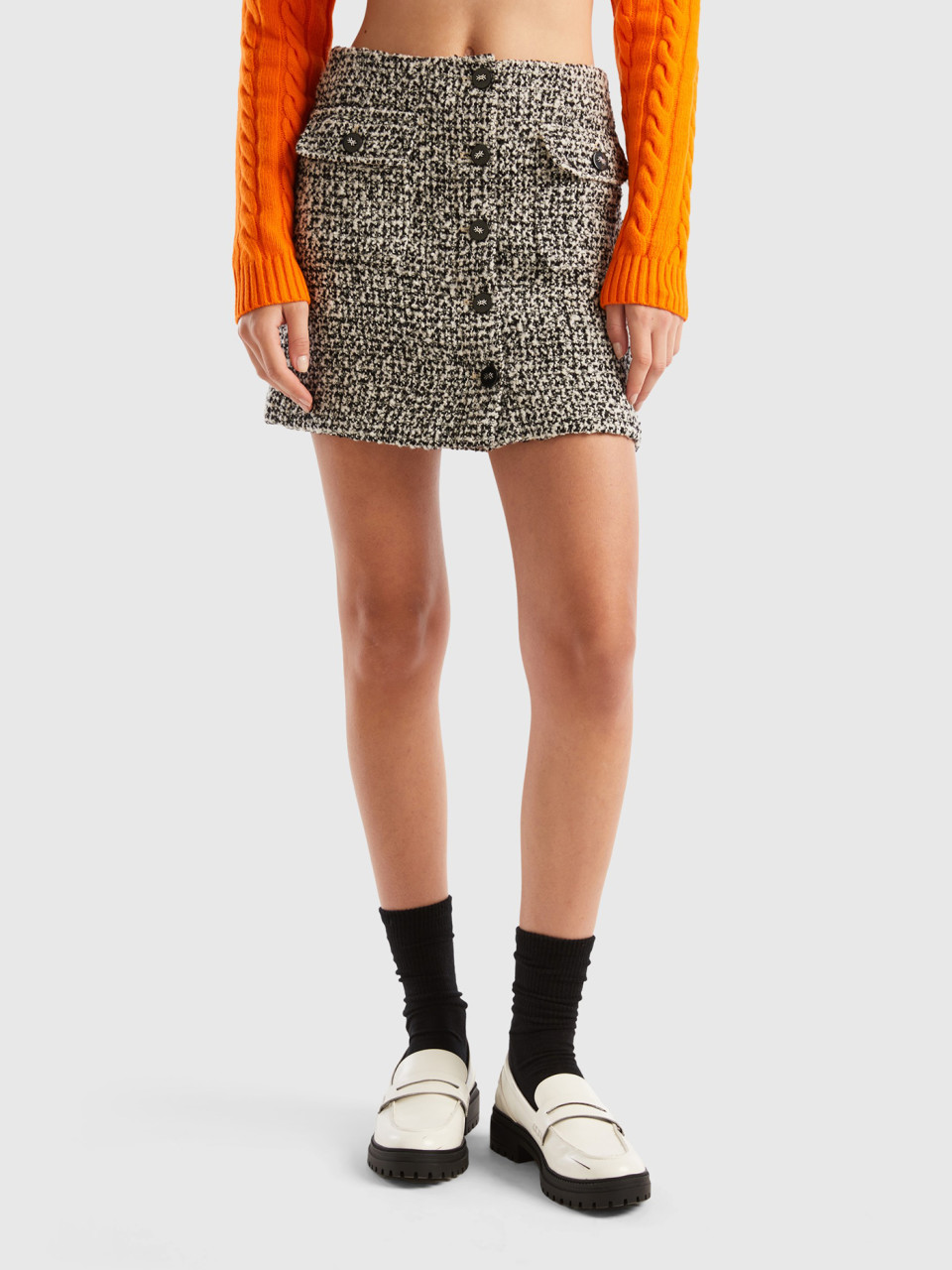 Benetton, Mini Skirt In Tweed, Gray, Women