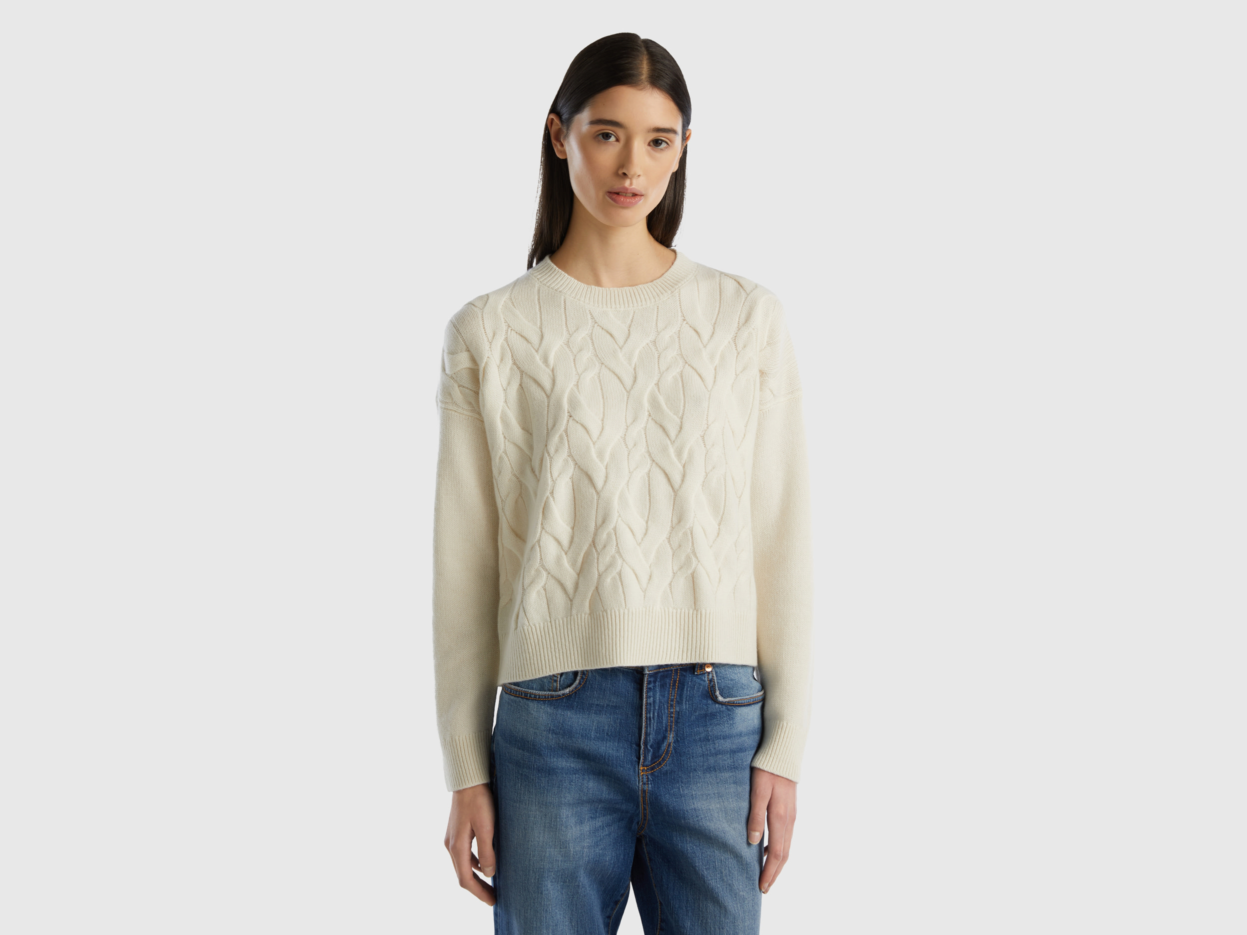 Benetton, Knit Sweater In Pure Cashmere, size XS, Creamy White, Women