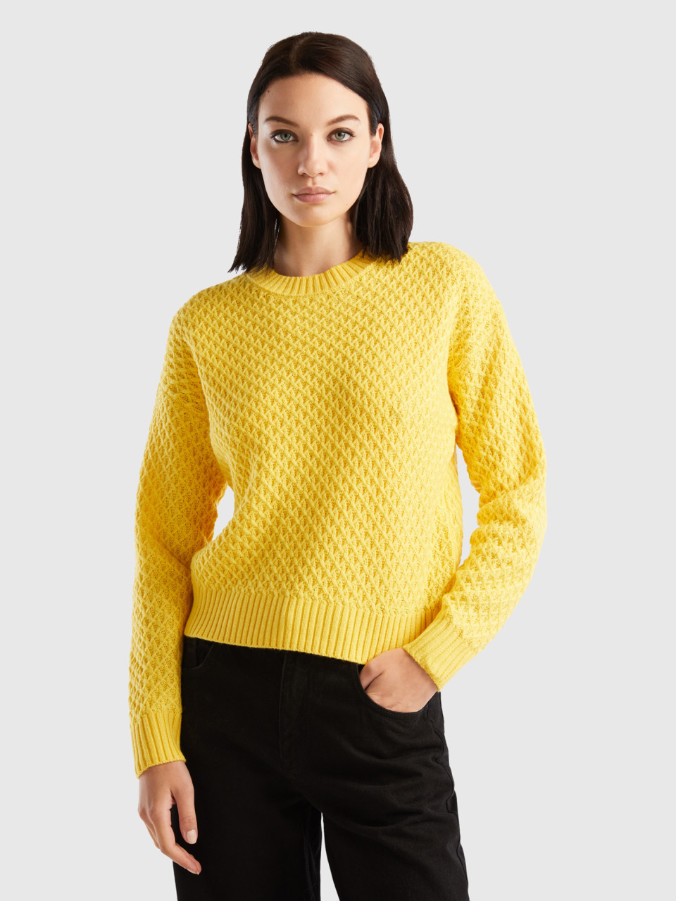 Benetton, Boxy Fit Knit Sweater, Yellow, Women