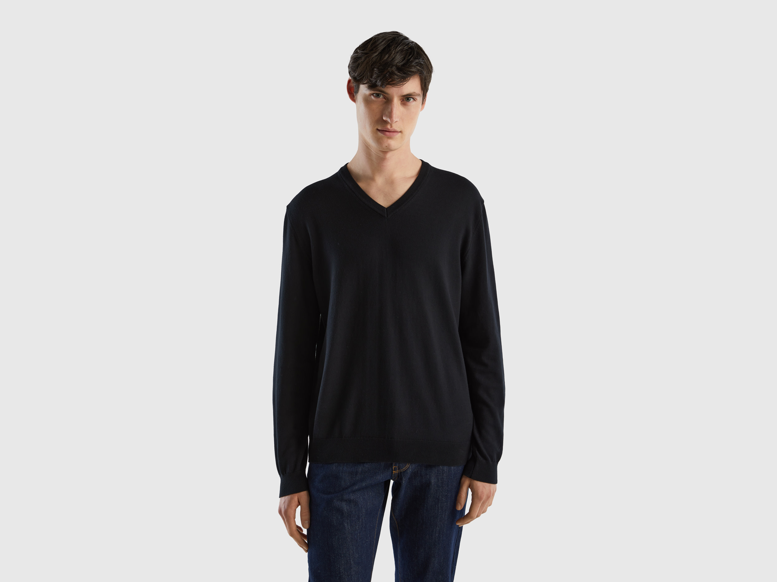 Benetton, V-neck Sweater In Pure Cotton, size XXL, Black, Men