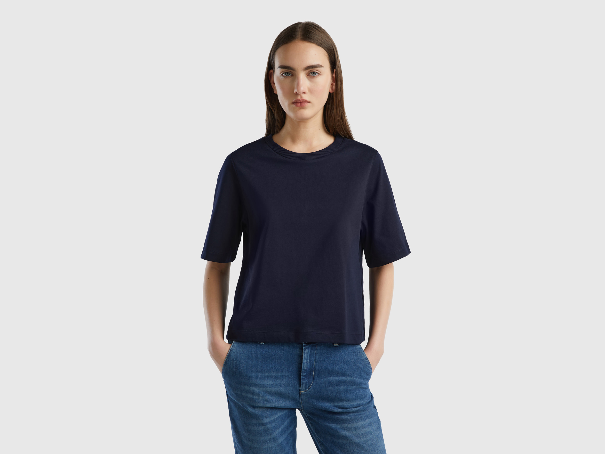 Benetton, 100% Cotton Boxy Fit T-shirt, size XXS, Dark Blue, Women
