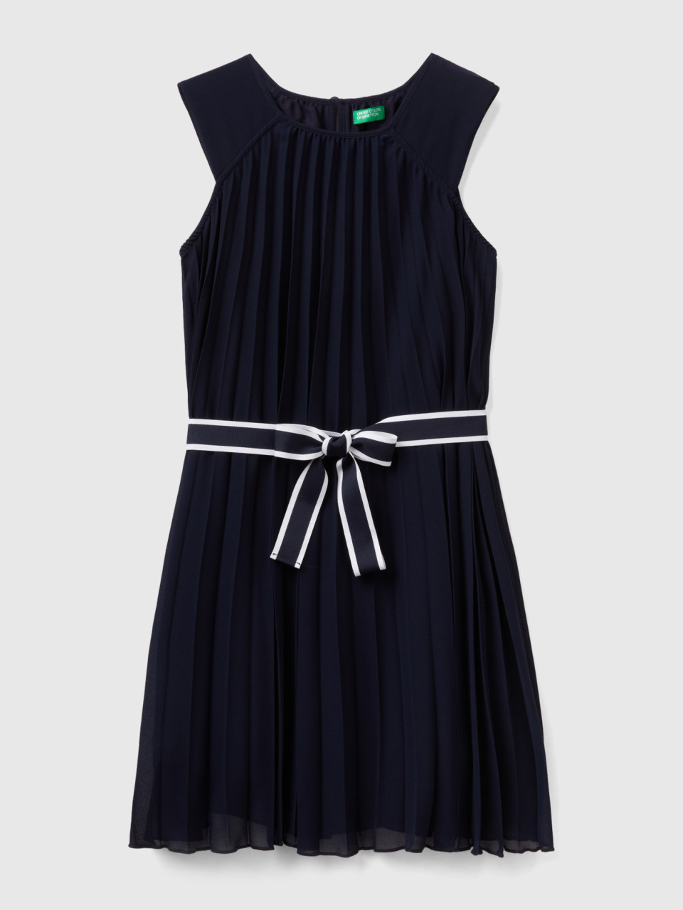 Benetton, Plissiertes Kleid Mit Gürtel, Dunkelblau, female