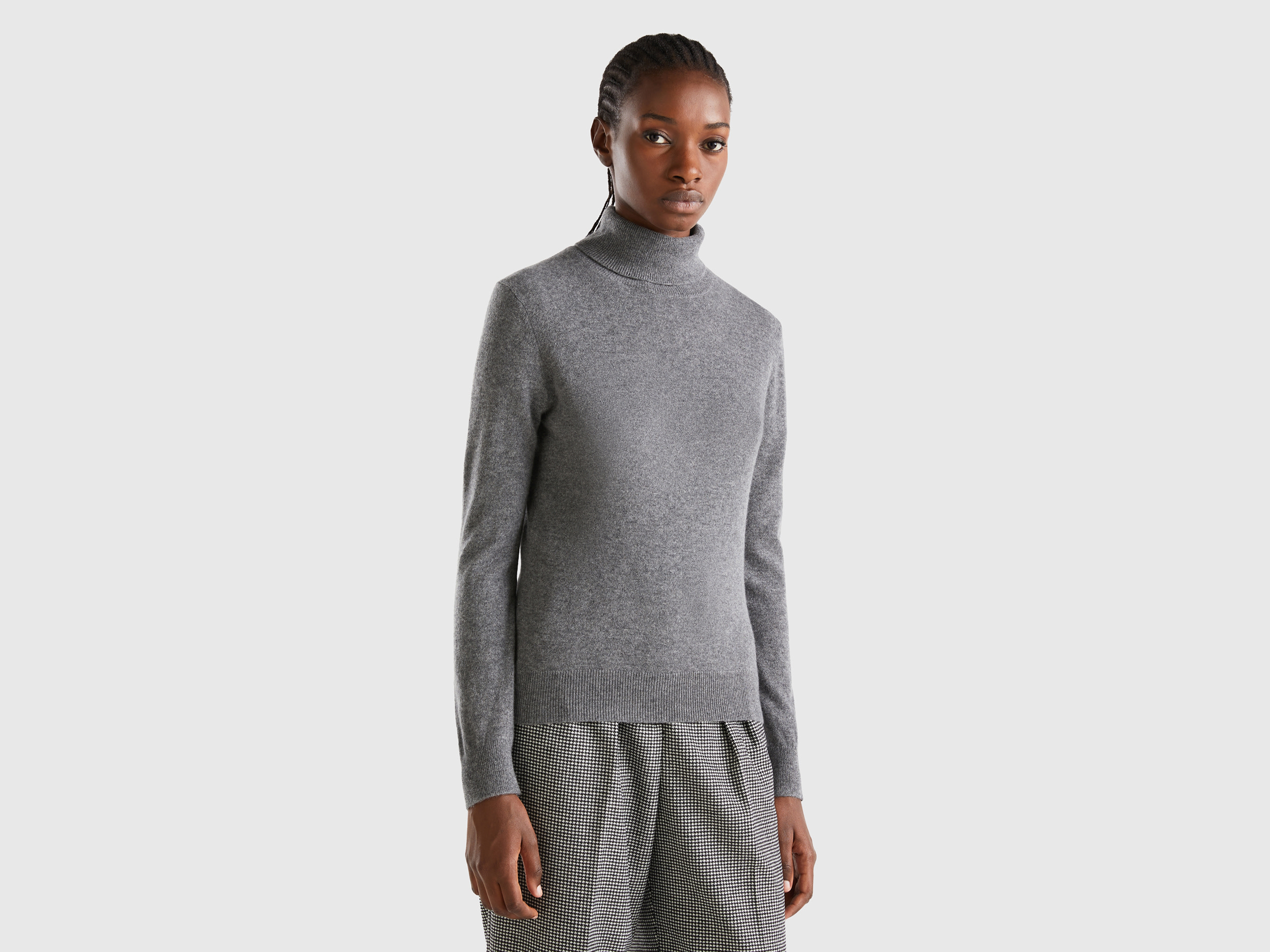 Benetton, Dark Gray Turtleneck In Pure Cashmere, size XS, Dark Gray, Women