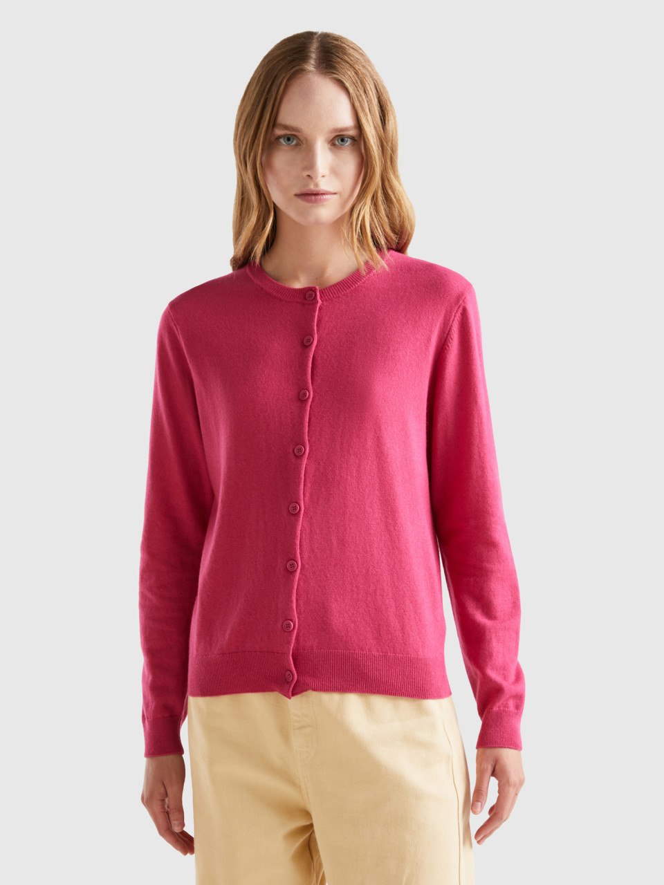 Benetton, Magenta Red Cardigan In Cashmere And Wool Blend, Cyclamen, Women