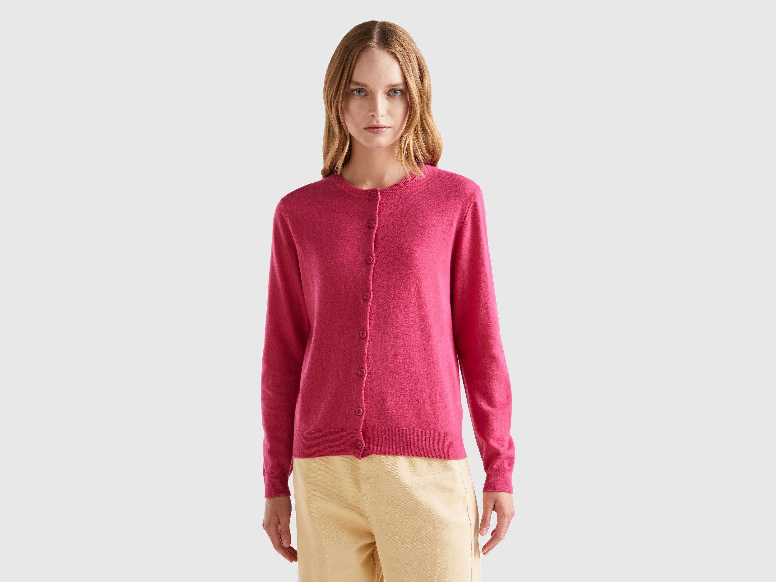 Benetton, Magenta Red Cardigan In Cashmere And Wool Blend, size S, Cyclamen, Women